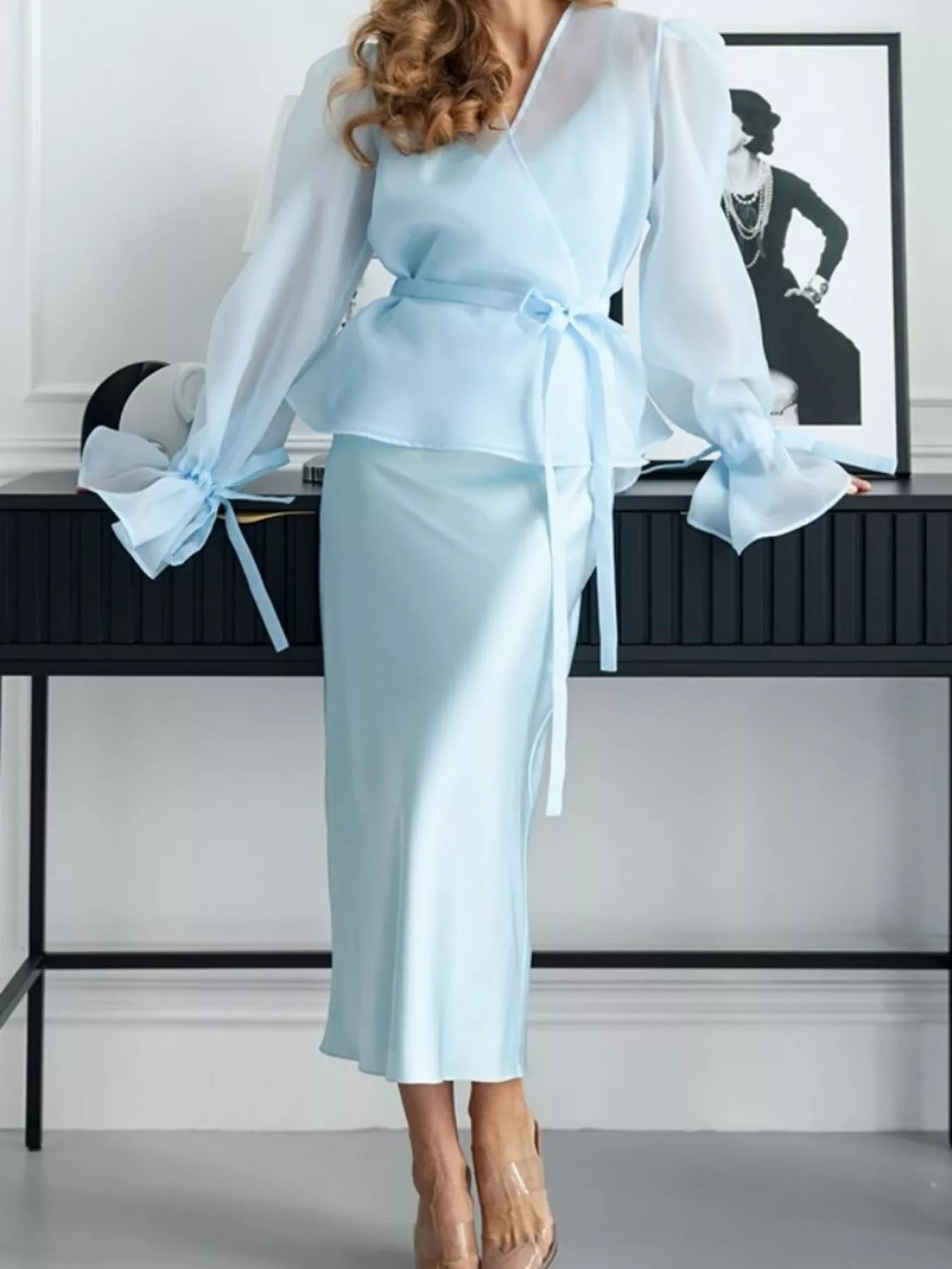 Trendsi Flounce Sleeve Blouse and Satin Midi Skirt Two-Piece Set -