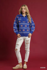 Trendsi Umgee Floral Patterned Jacquard Quarter-Zip Pullover Sweater -