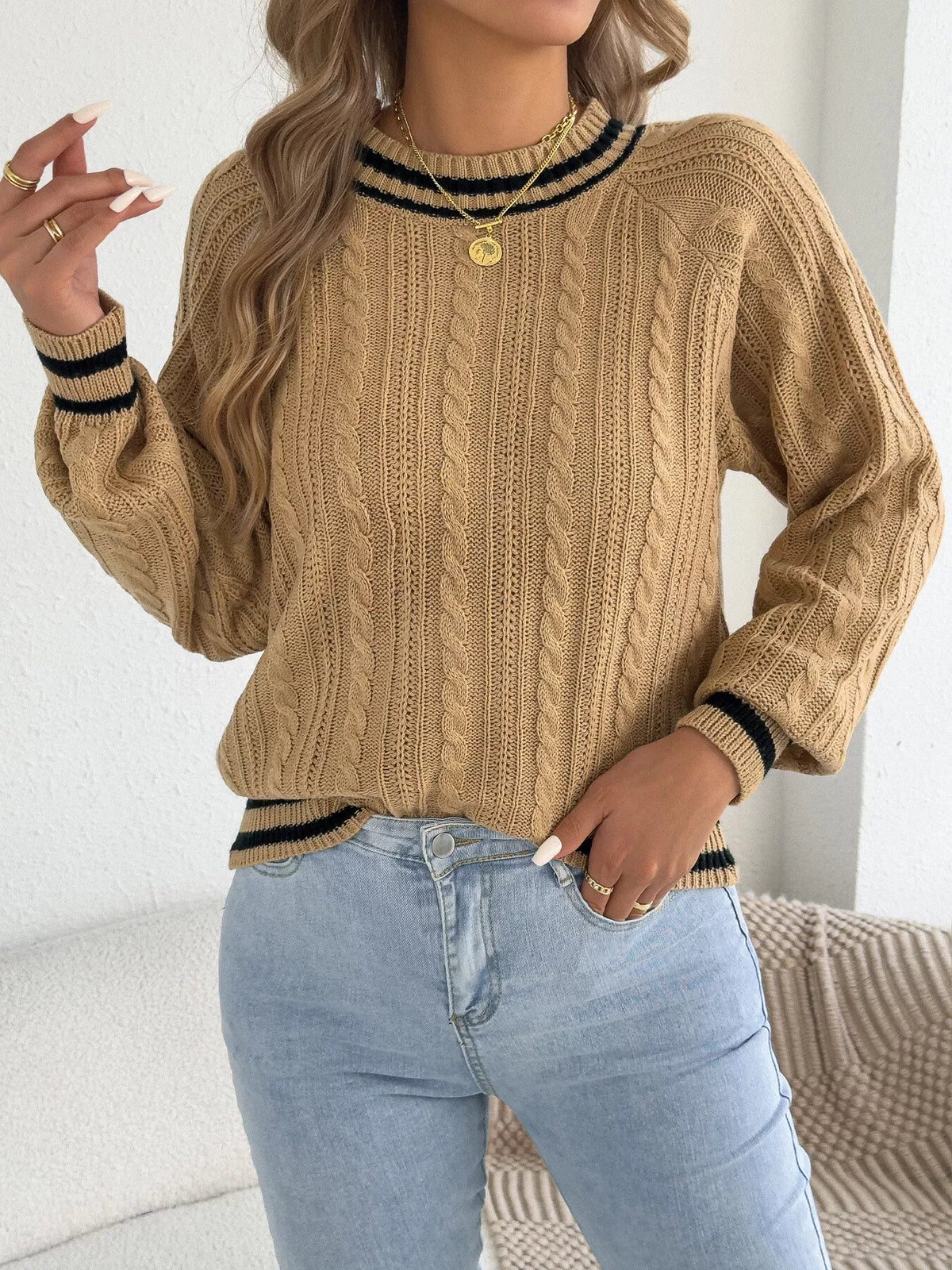 Burgundy striped trim cable knit sweater