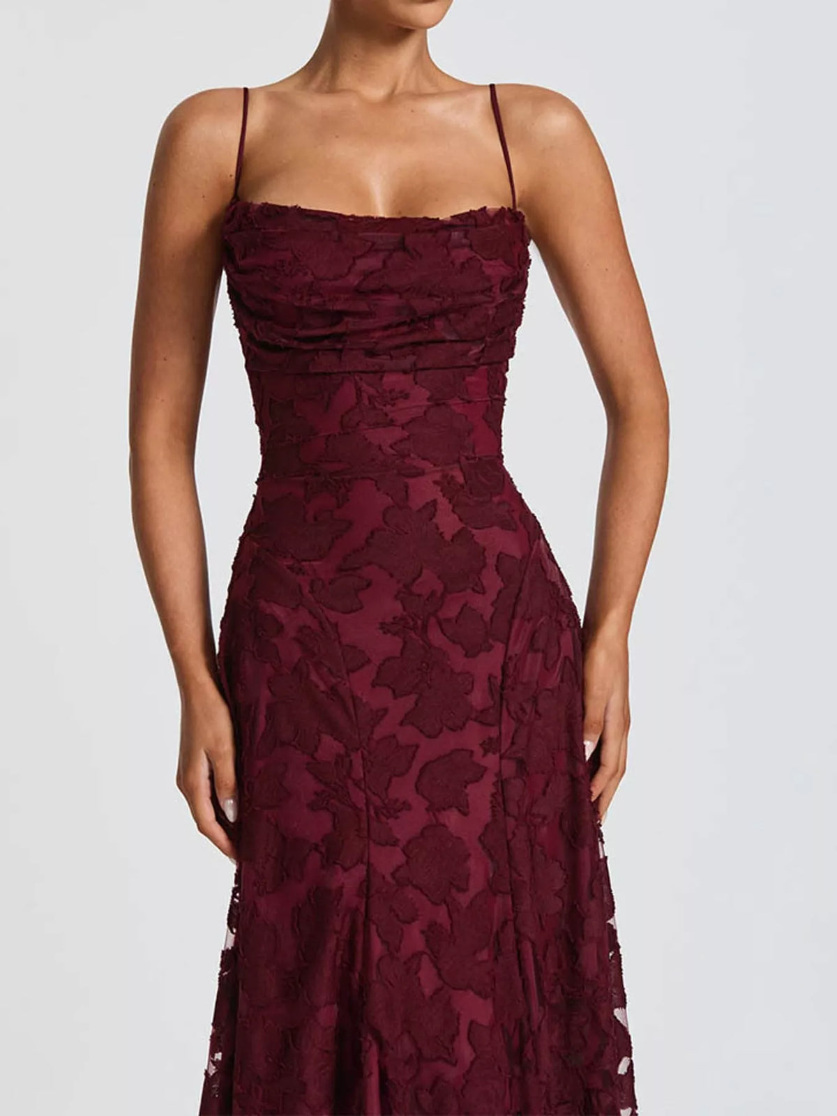 Cowl neck spaghetti-strap maxi dress, construction and design details