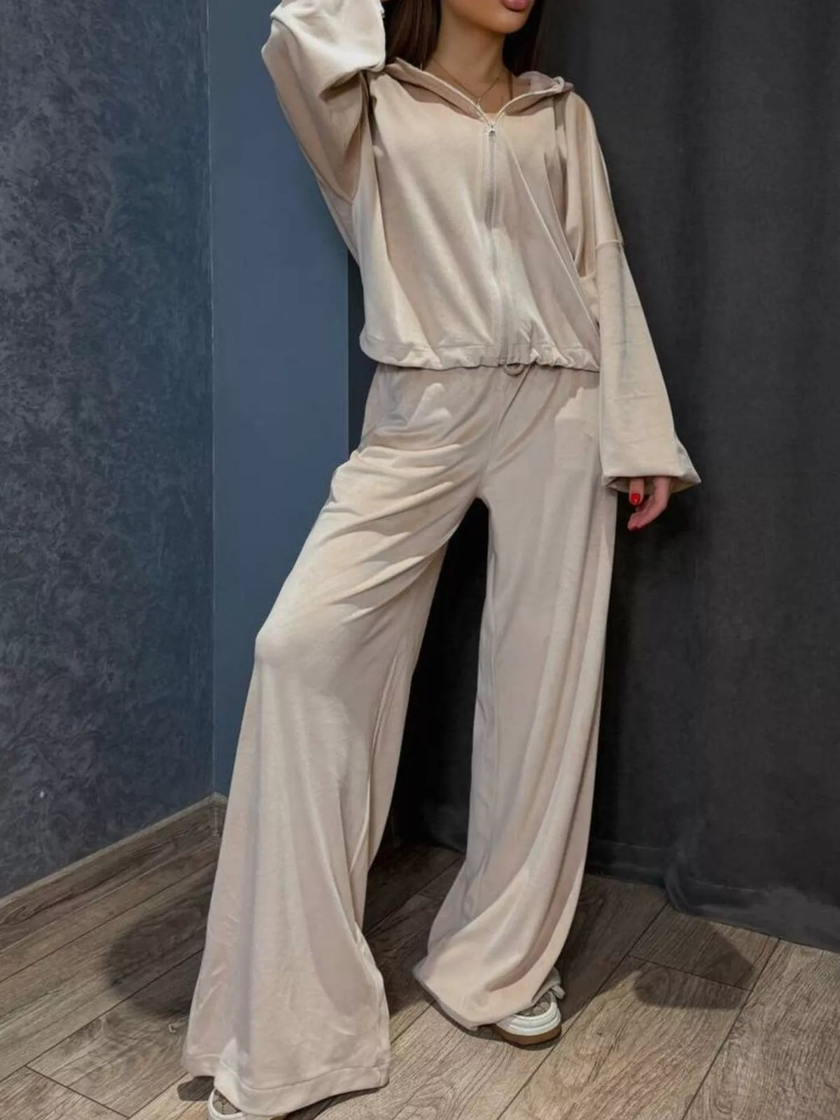 Trendsi Zip Up Hoodie and Wide-Leg Pants Set -