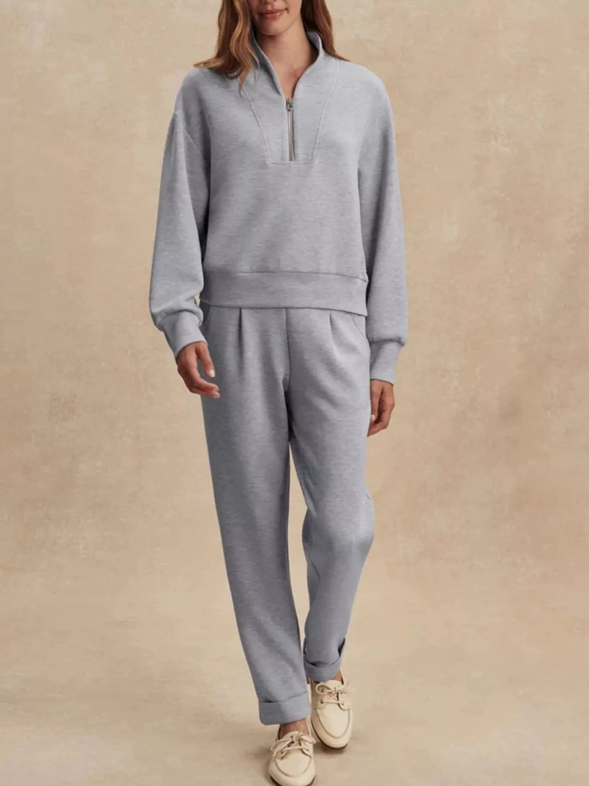 Trendsi Quarter-Zip Sweatshirt and Wide-Leg Pants Set -