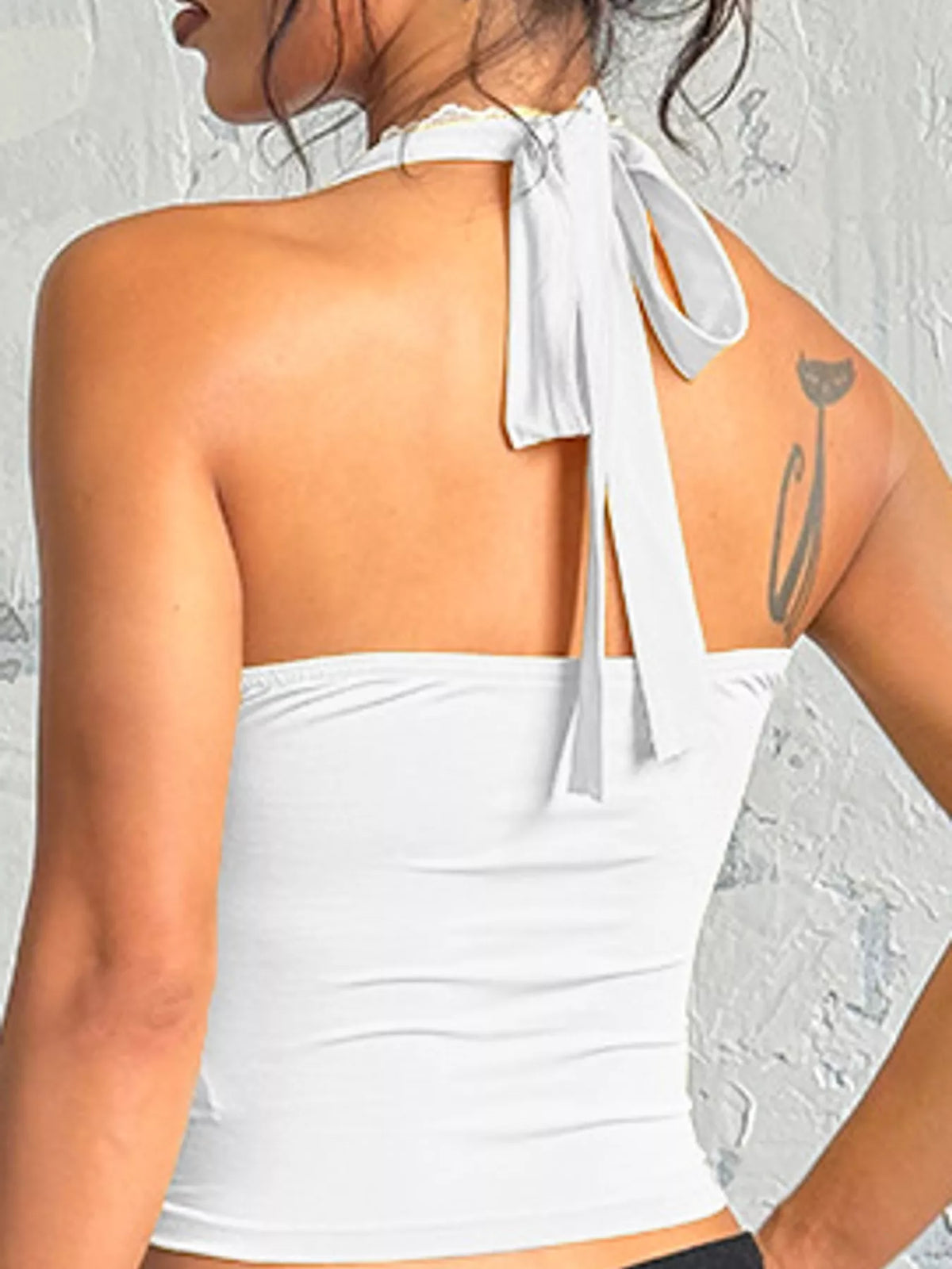 White lace detail halter neck cami, back view