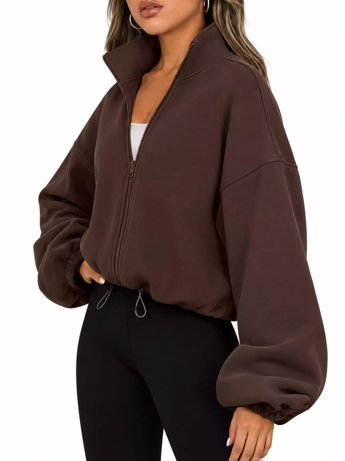 Brown drawstring hem zip-up jacket, side view