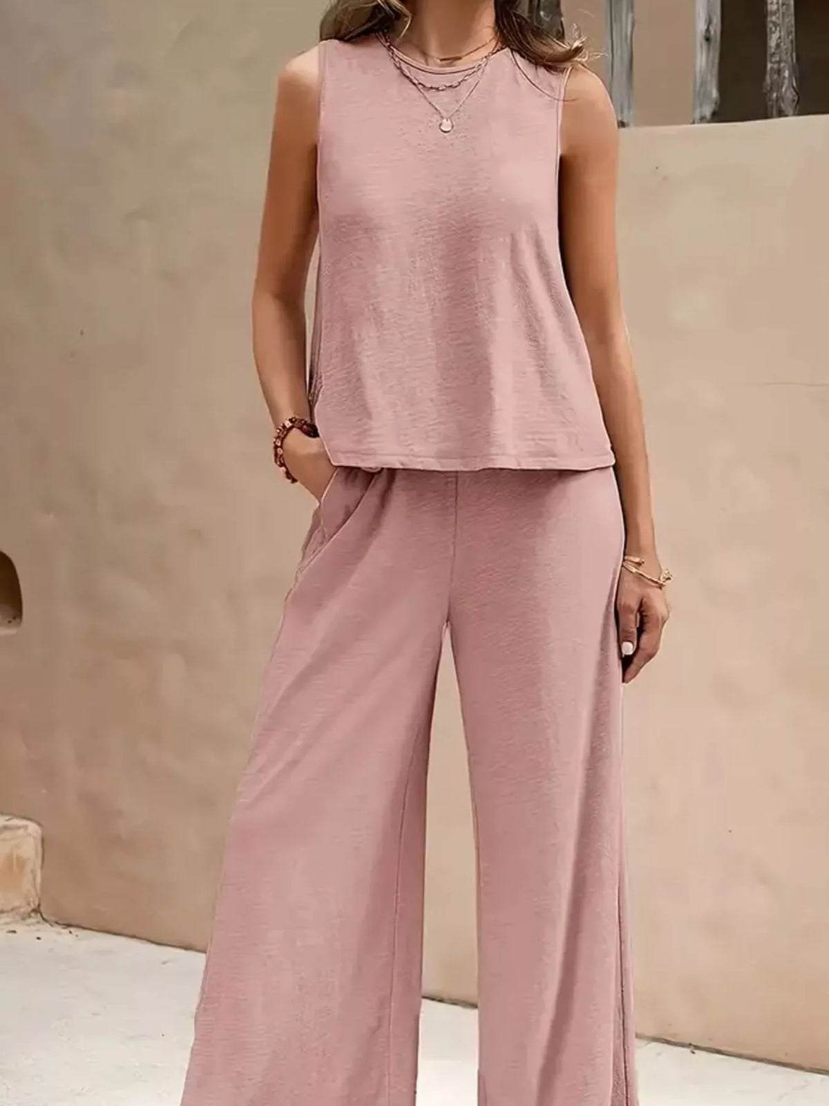Sleeveless Tank Top and Wide-Leg Pants Set — front view