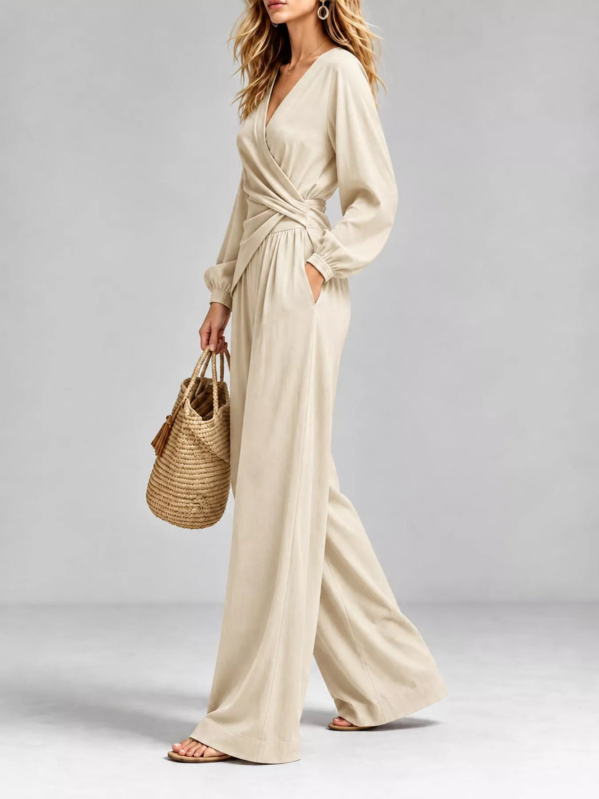 V-Neck Long Sleeve Top and Wide-Leg Pants Set — side view