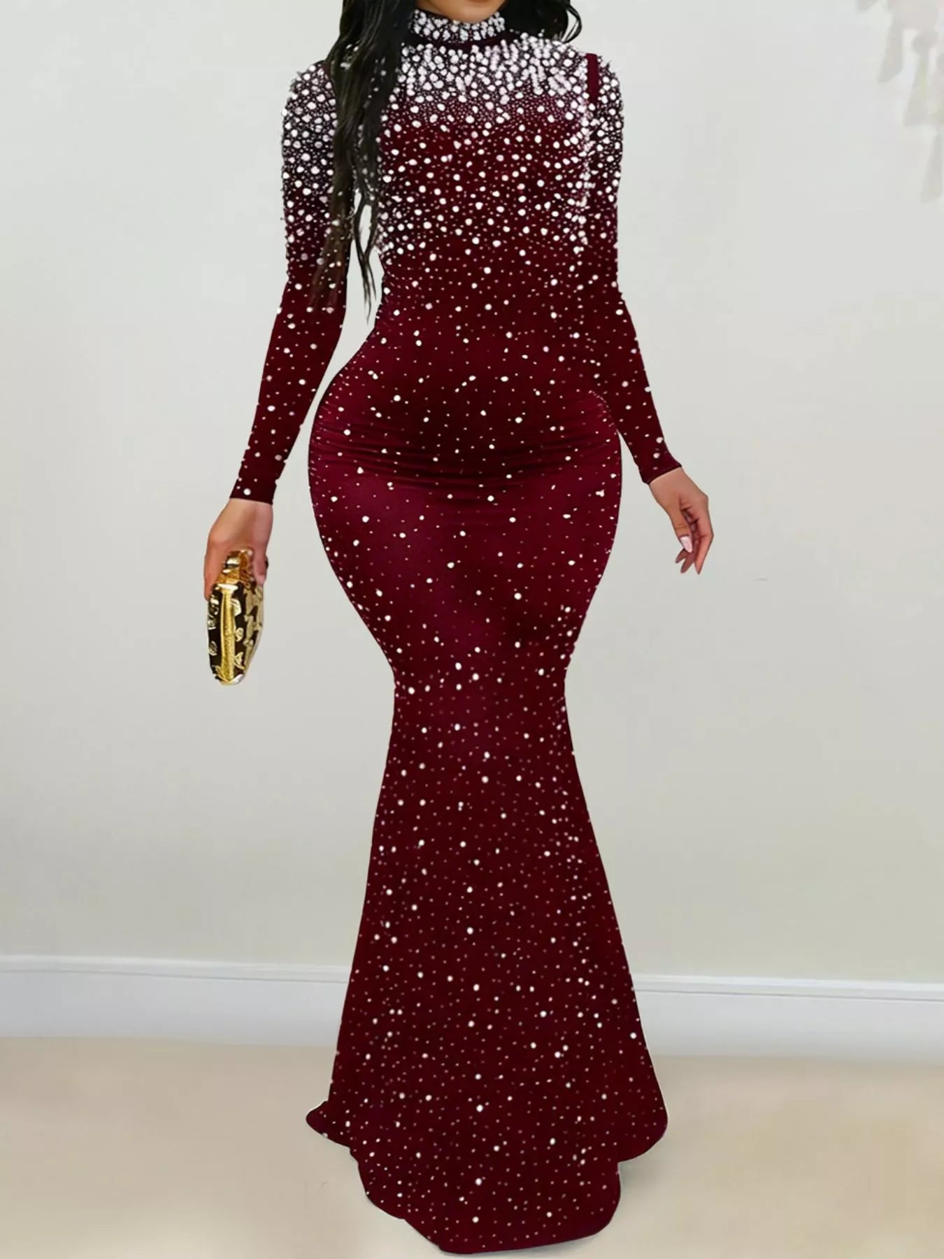 Trendsi Rhinestone Long Sleeve Mermaid Maxi Dress -