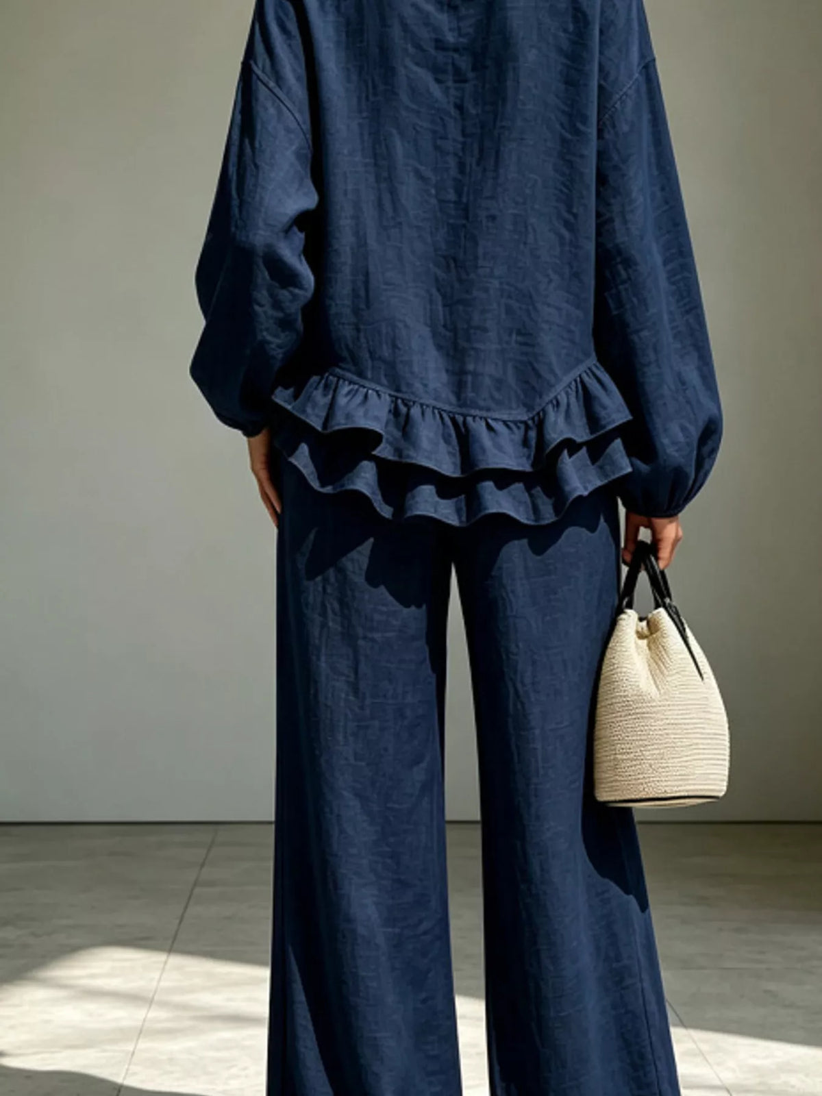 Ruffled Hem Long Sleeve Top and Pants Set — construction details