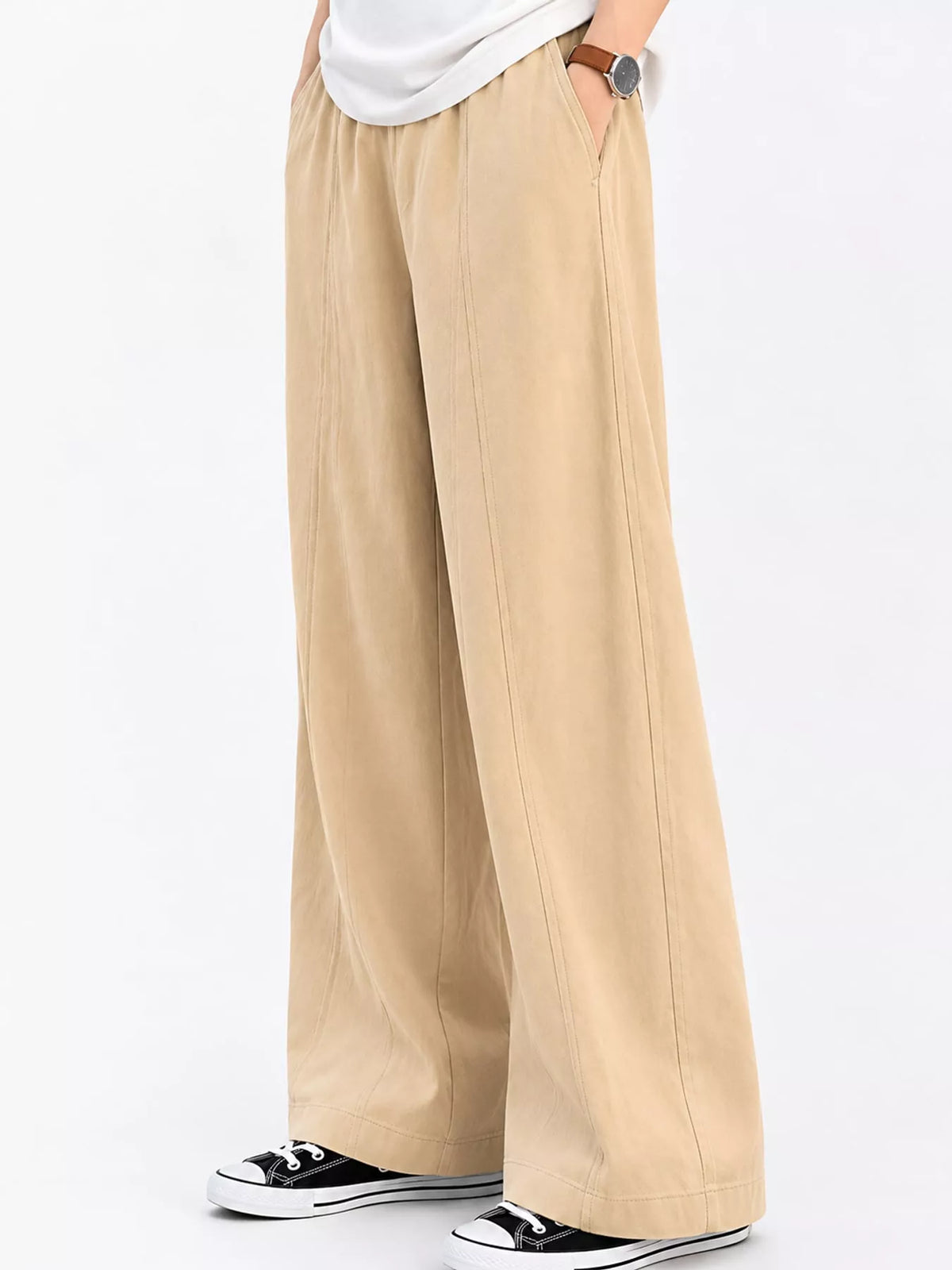 Beige wide leg casual pants, side view