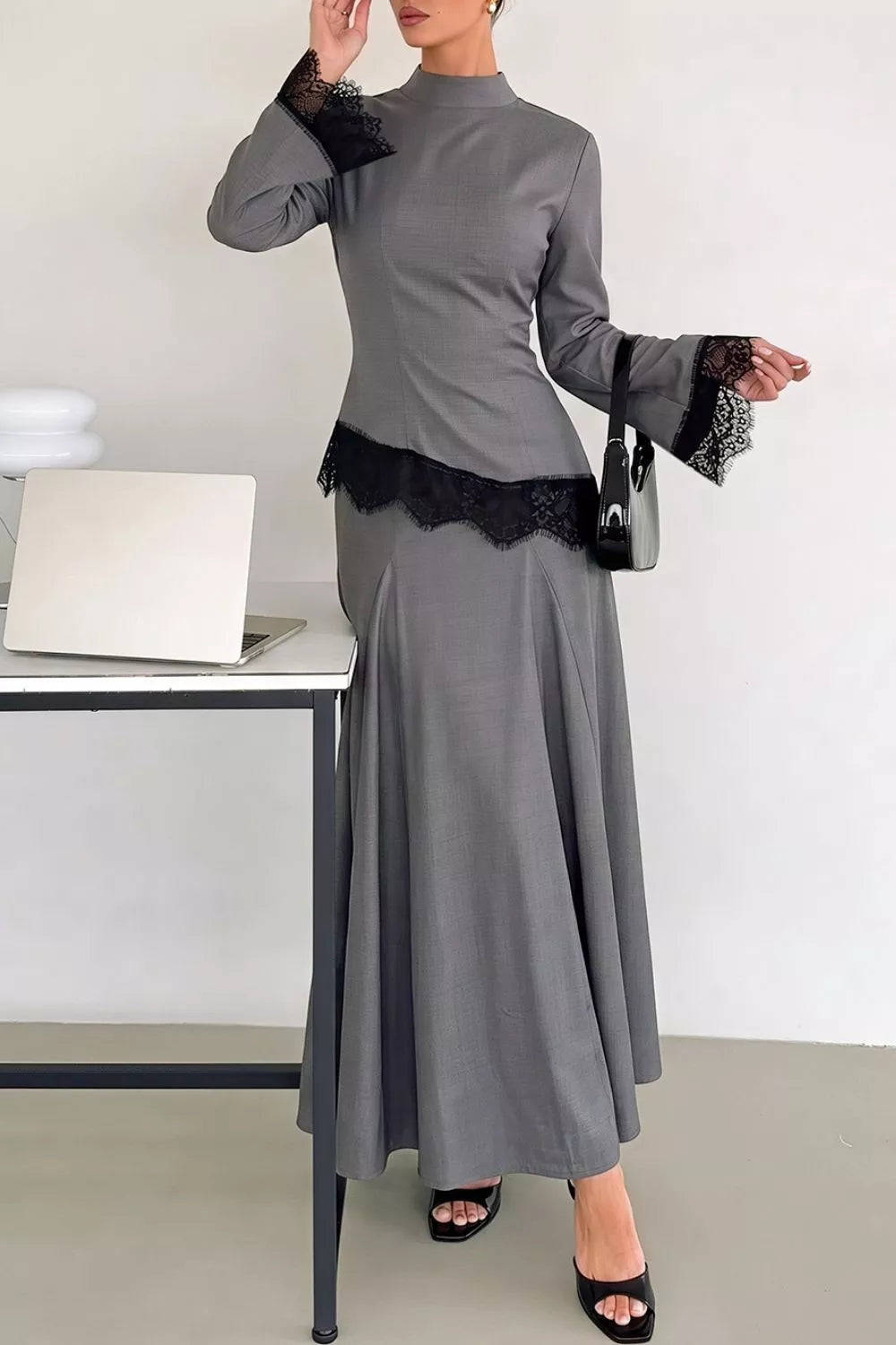 Lace-trim mock-neck top and skirt set