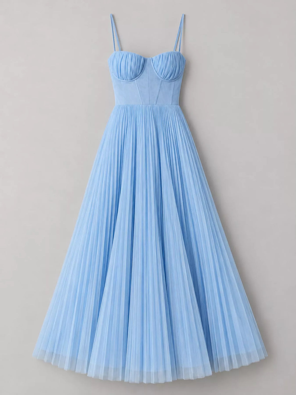 Light blue pleated sweetheart neck midi dress — front view