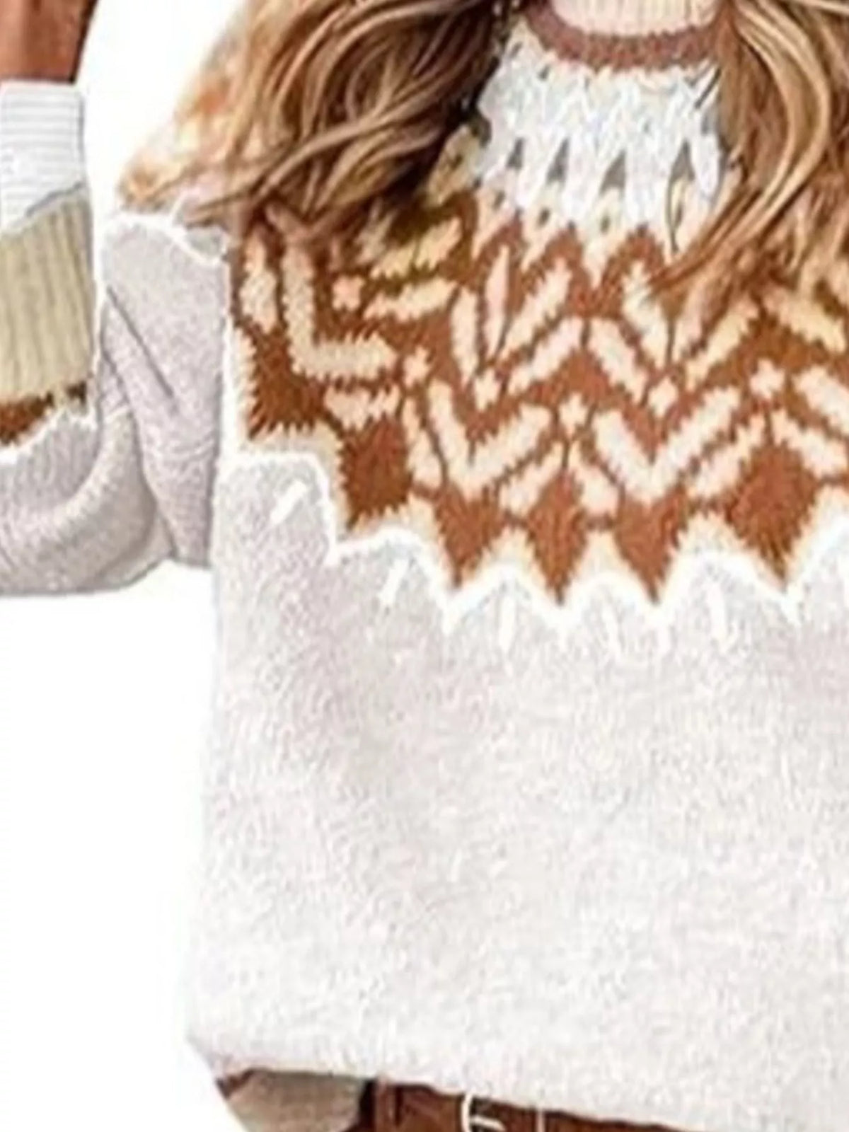 Fair Isle Patterned Long Sleeve Sweater in white, pattern detail