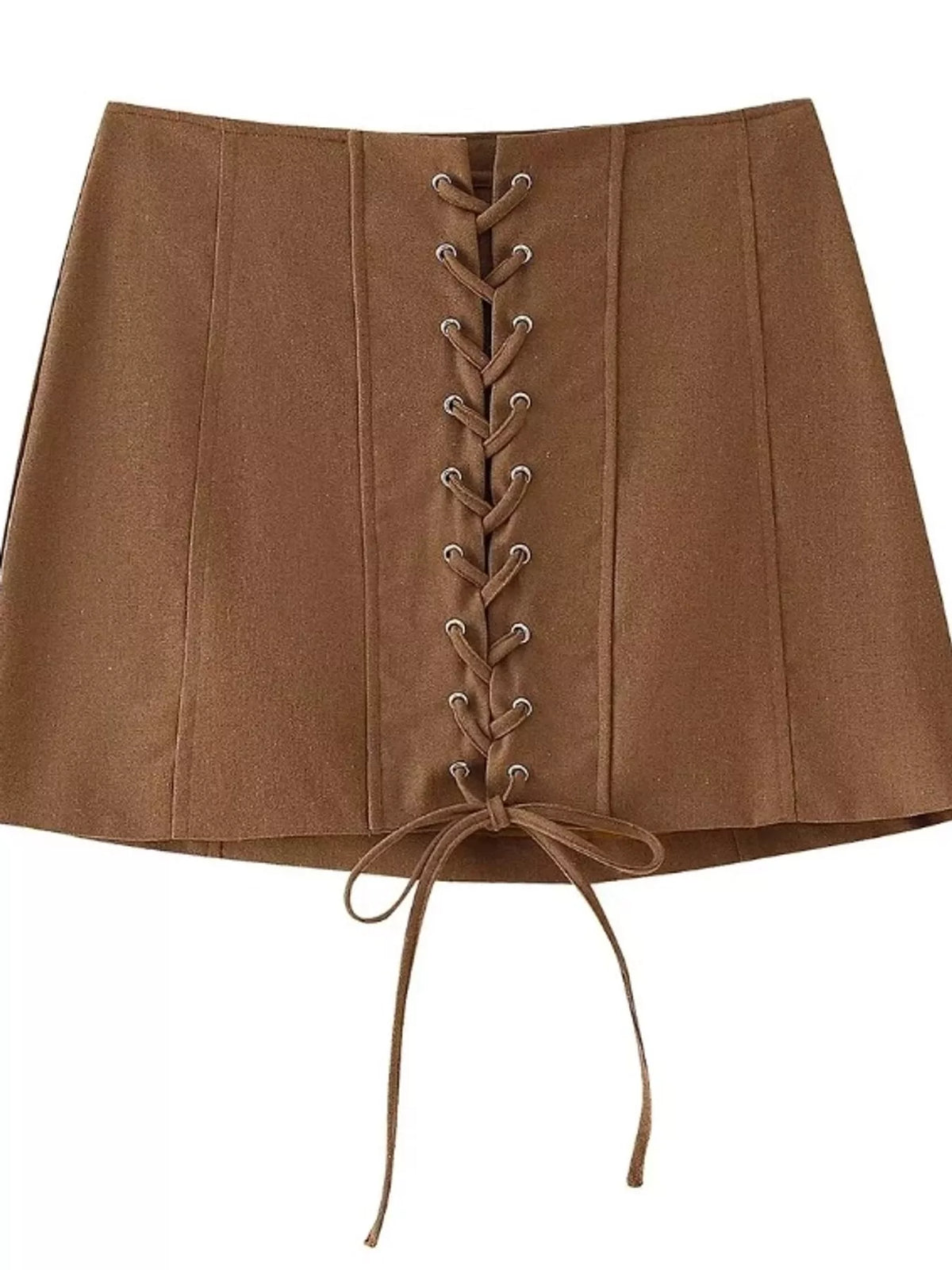 Brown lace-up mini skirt, front view