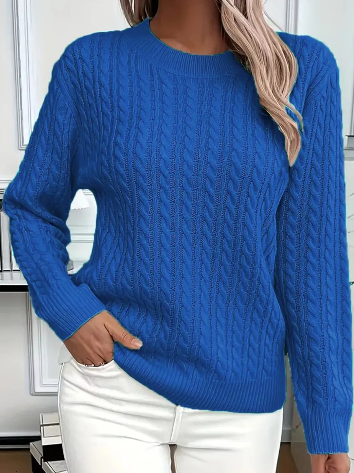 Blue cable knit round neck sweater
