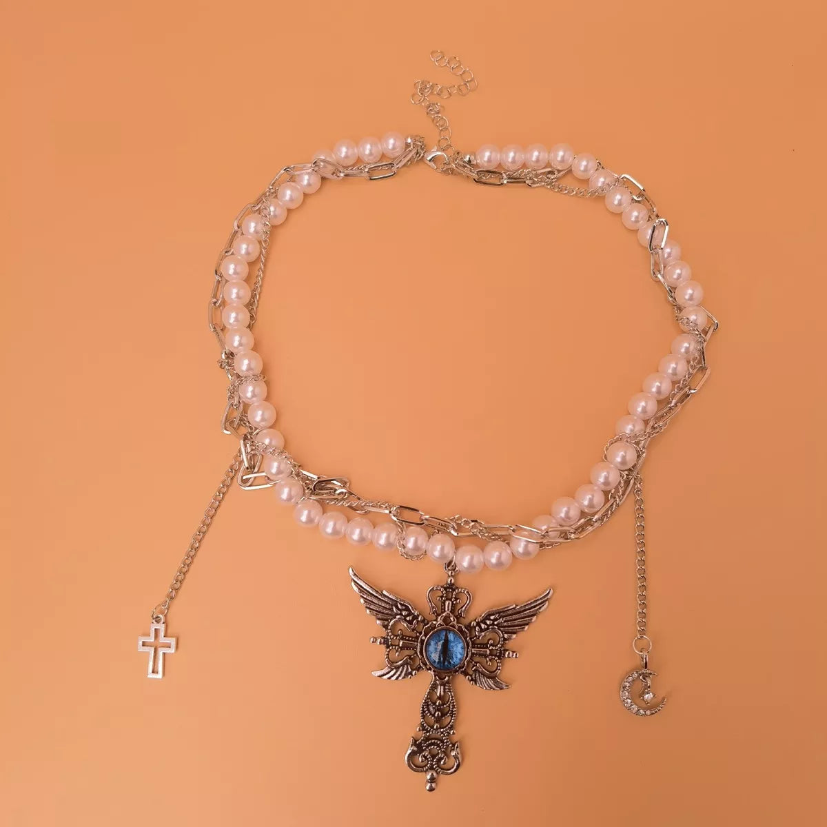 Trendsi Gothic Pearl Double Layered Necklace with Wing Pendant -