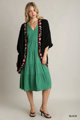 Trendsi Umgee Embroidery Open Front Kimono with Pleated Shoulder Detail -