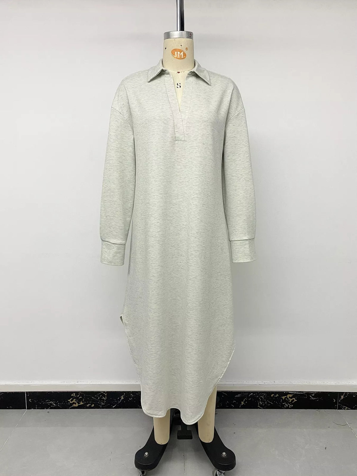 Light gray polo-collar midi dress, front on mannequin