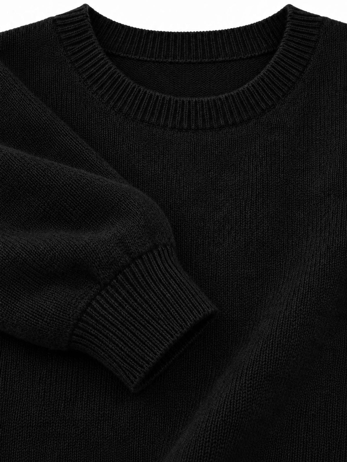 Black crew neck sweater, detail view