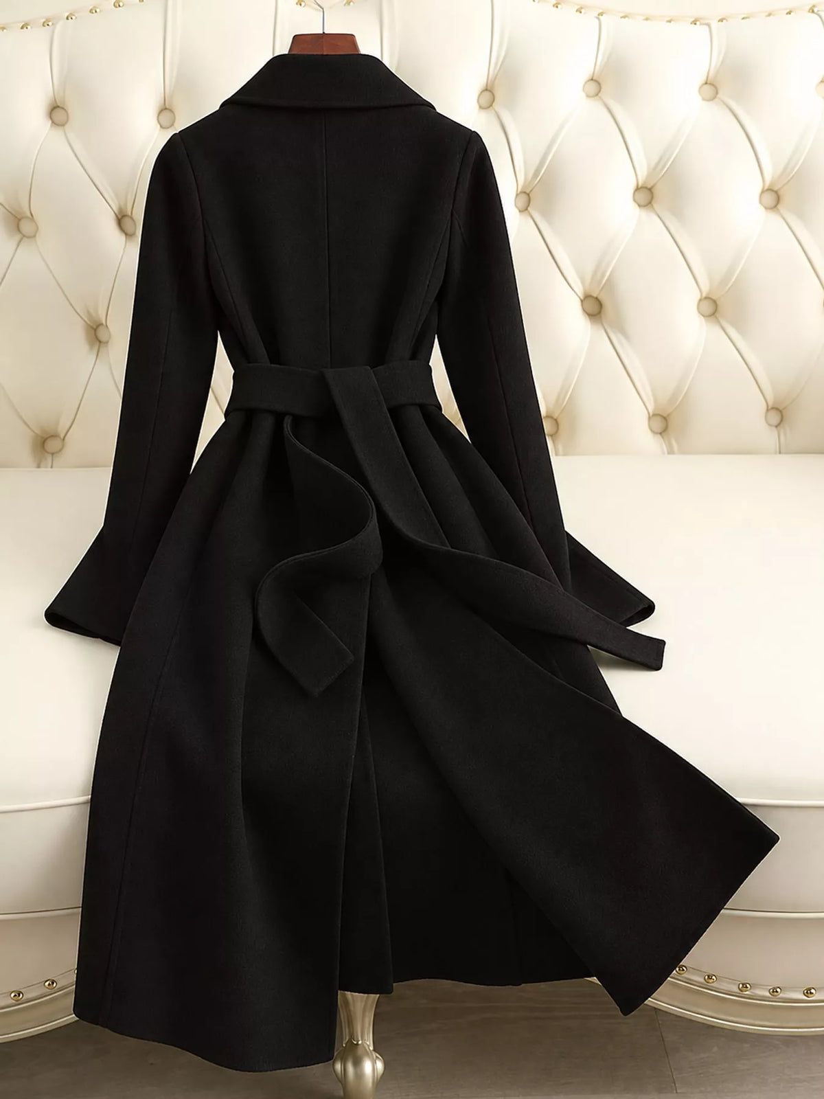 Black belted longline wool coat, back view