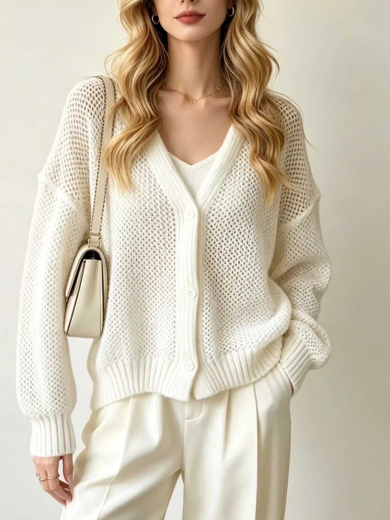 Trendsi V-Neck Open-Knit Button-Down Cardigan -