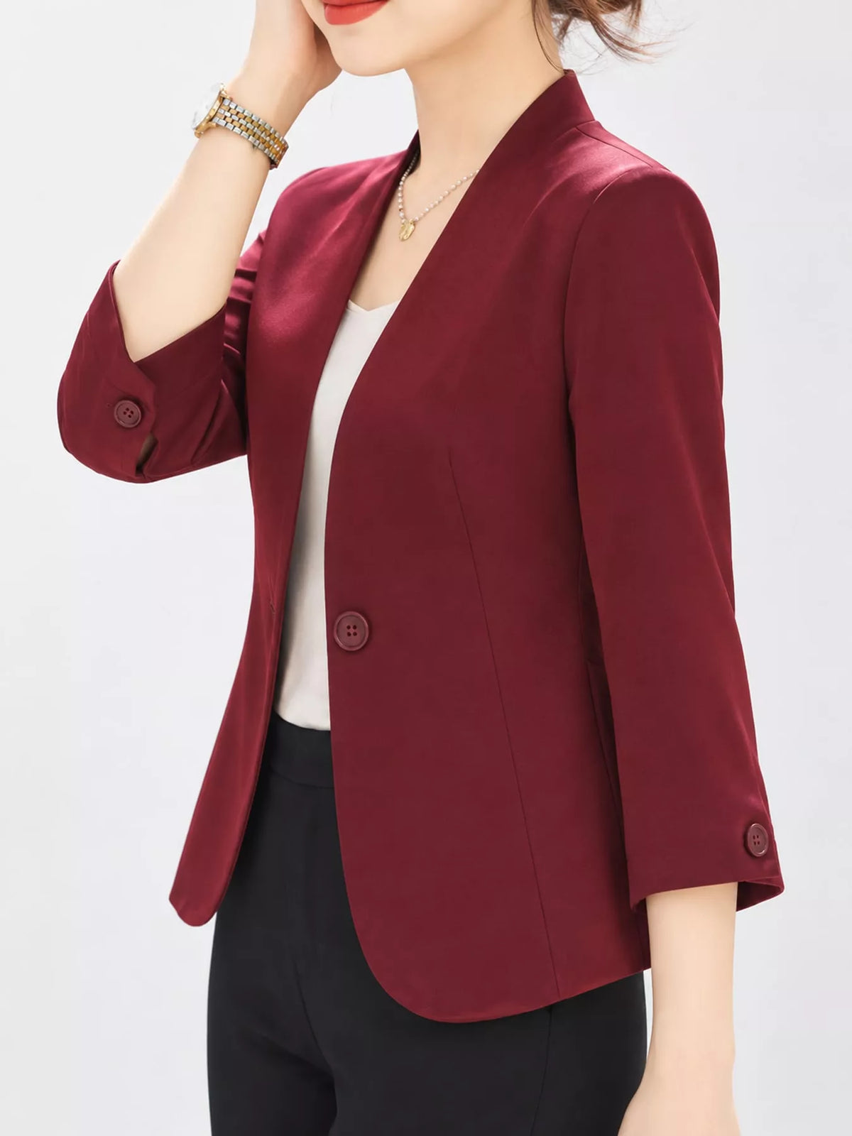 Burgundy one button blazer, side view