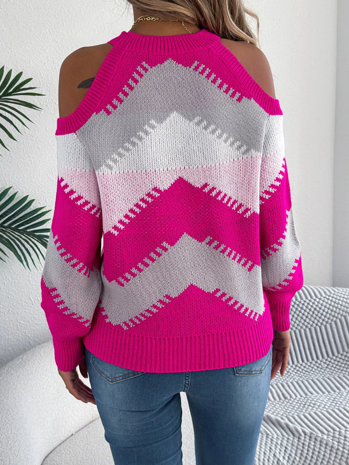 Cold shoulder chevron pattern knit sweater, back view
