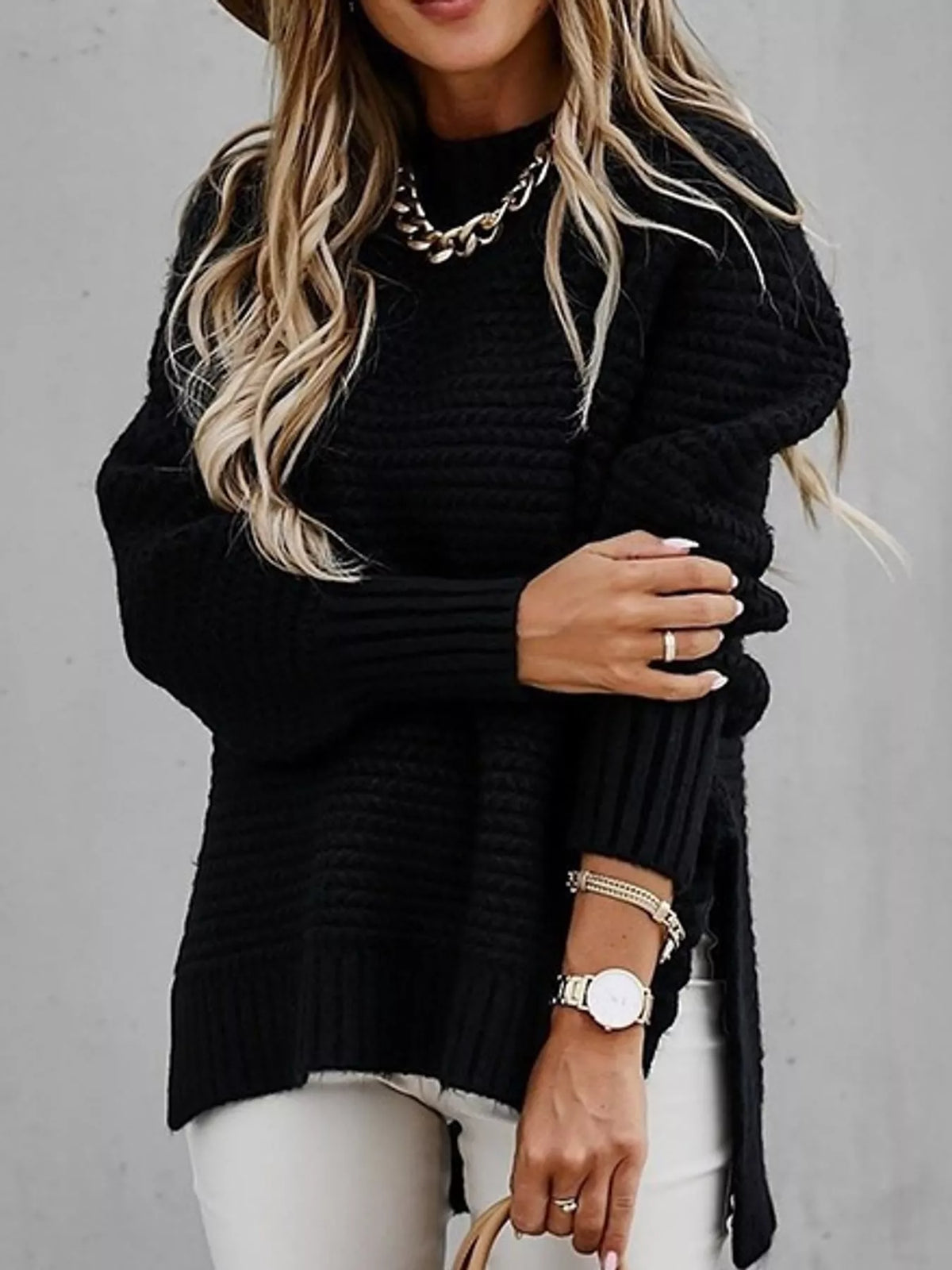 Round neck long sleeve sweater, front view on model