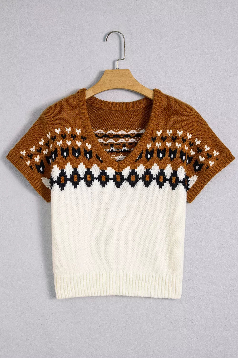 Trendsi V Neck Short Sleeve Geometric Sweater -