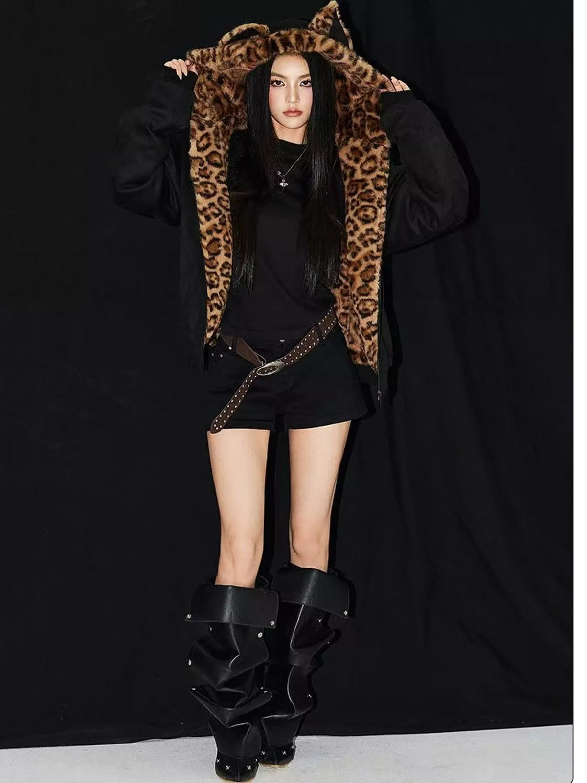 Leopard-Trim Faux Fur Hooded Zip-Up Jacket in black, front view
