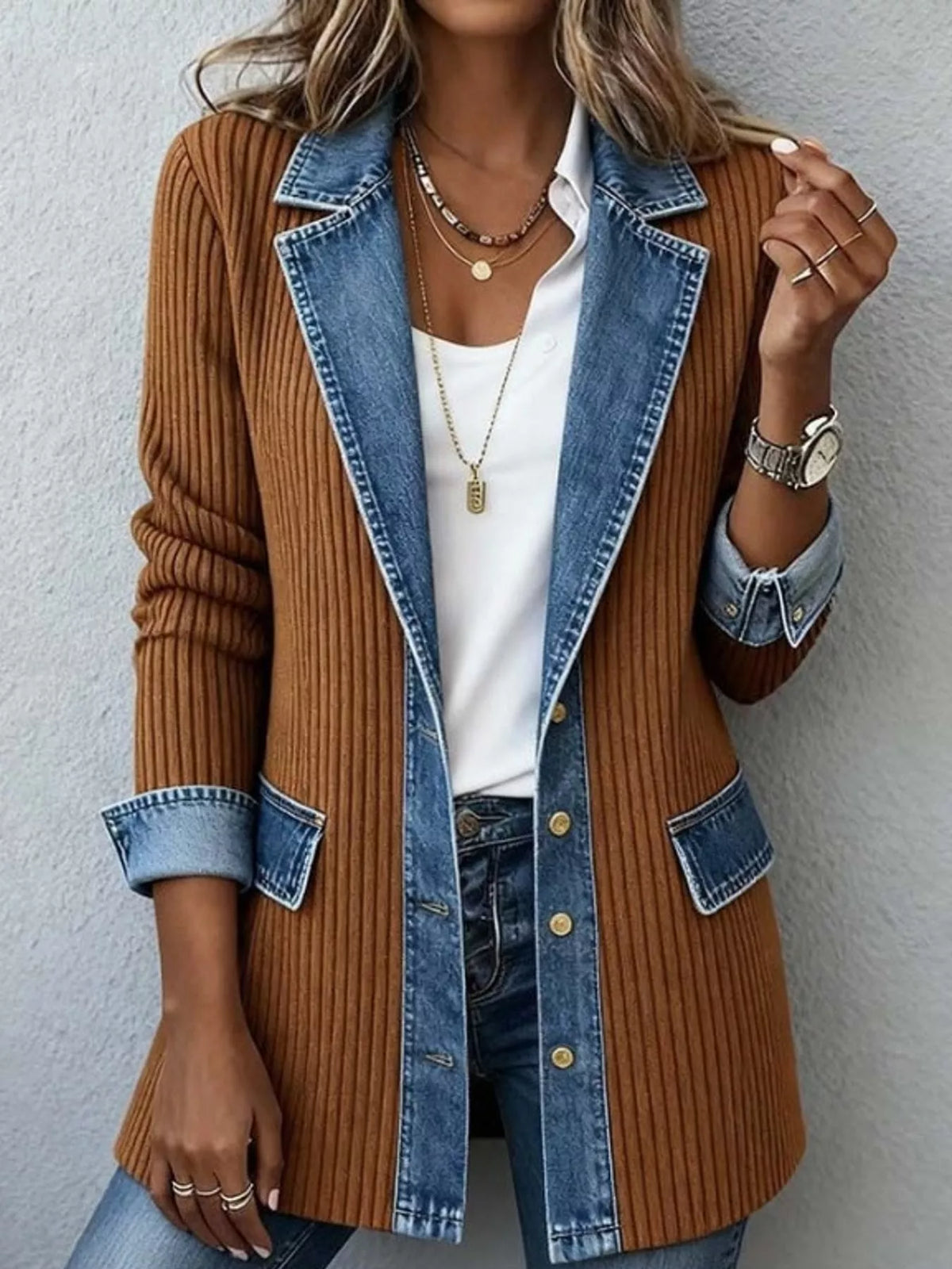 Brown denim trim ribbed knit cardigan