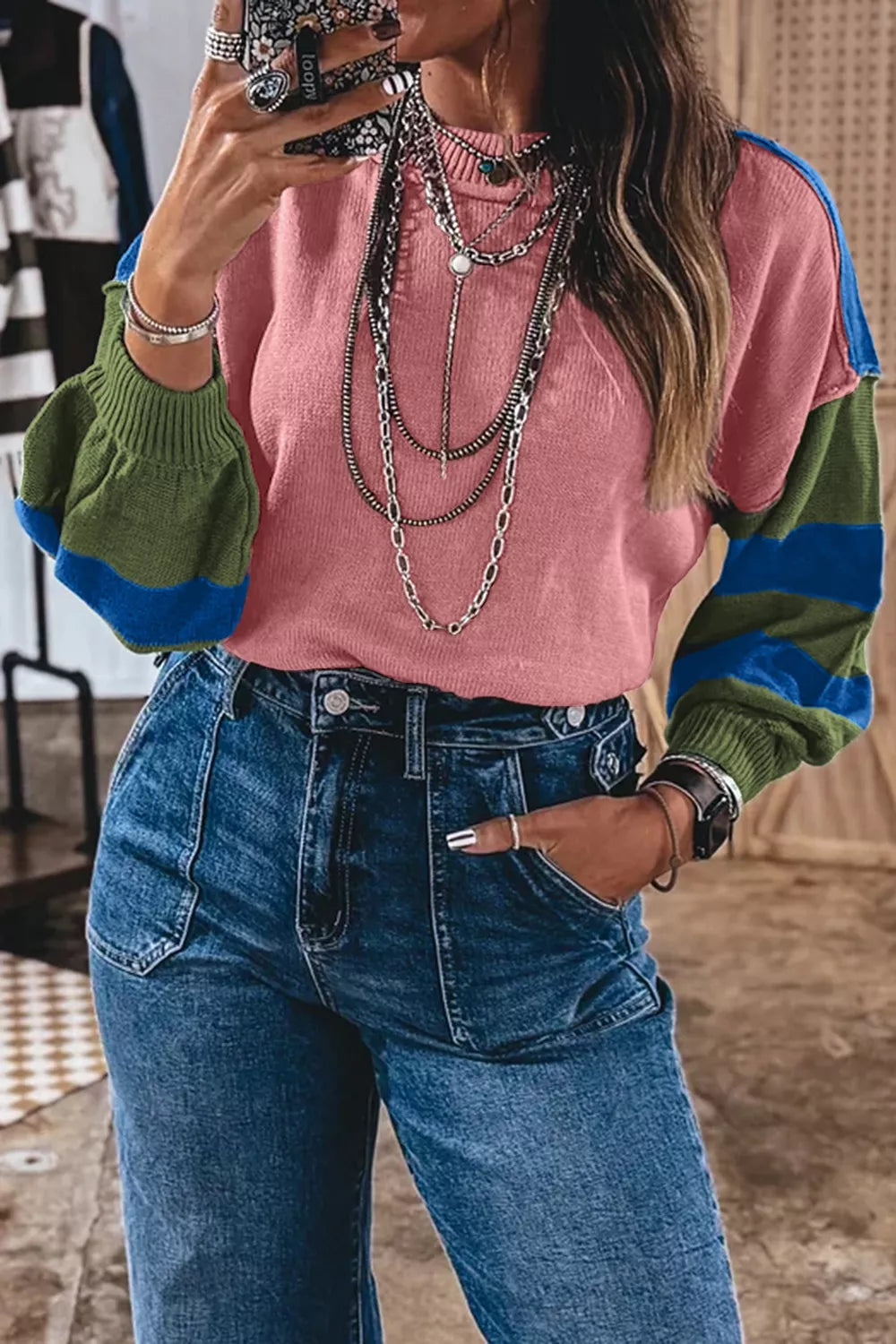 Trendsi Multicolour Western Colorblock Patchwork Striped Long Sleeve Sweater -