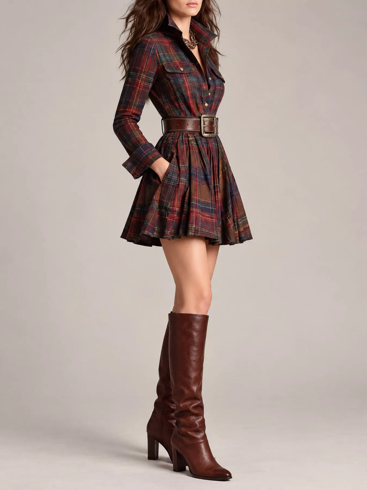 Red plaid shirt dress, side view