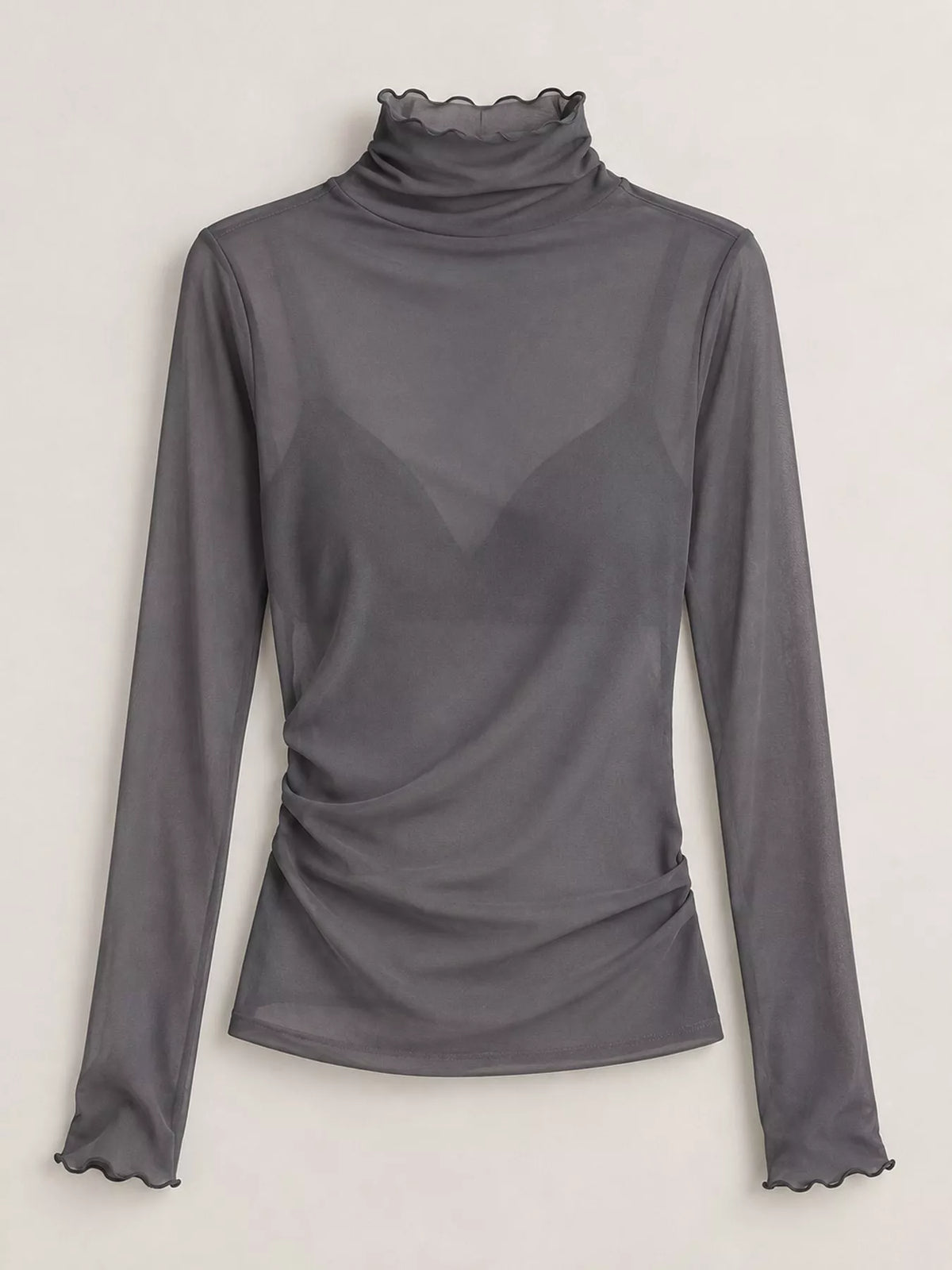 Gray sheer turtleneck mesh t-shirt