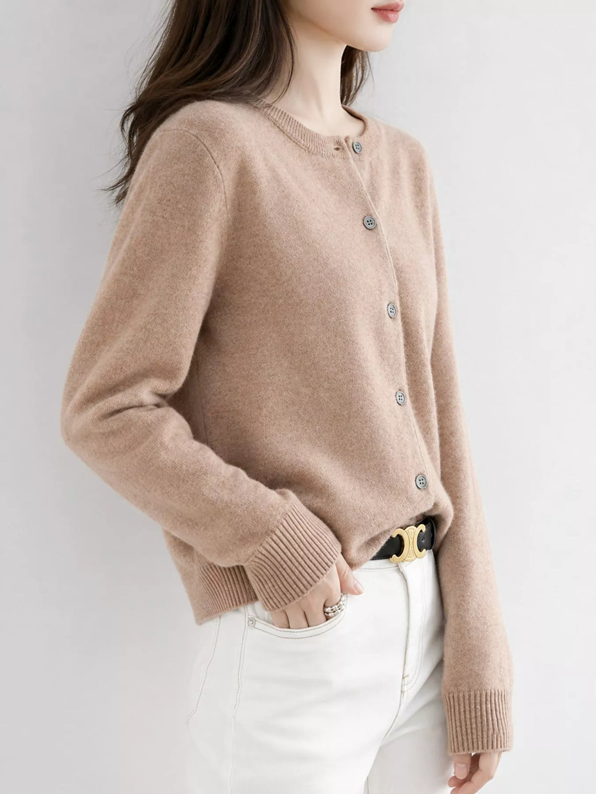 Button-down cardigan, taupe side