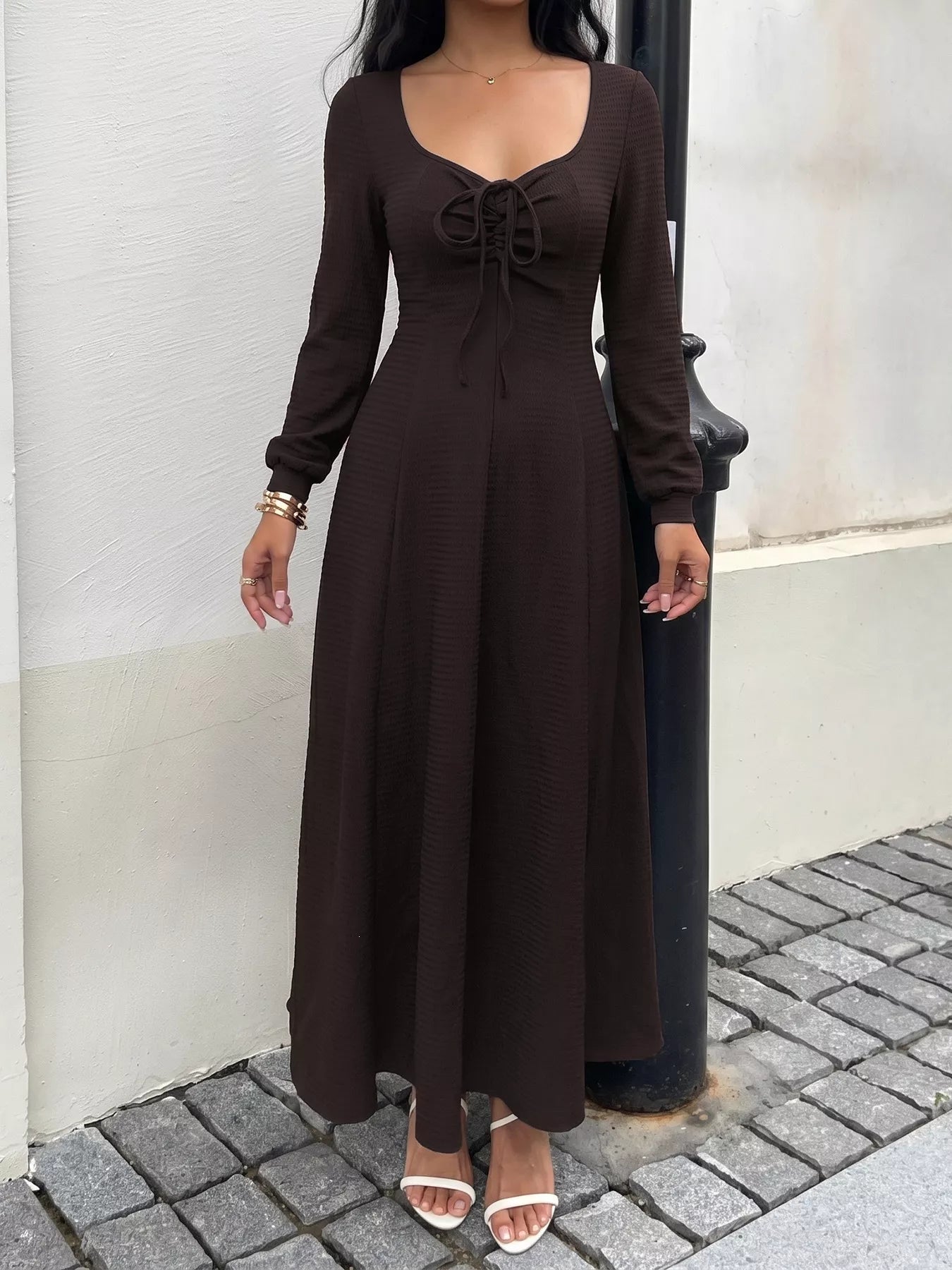 Trendsi Long Sleeve Tie-Front Maxi Dress -
