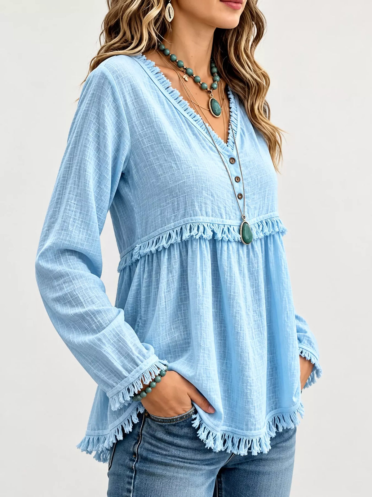 Fringe-trim blouse, light blue side