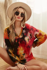 Trendsi BiBi Tie Dye Brushed Waffle Top With Bubble Sleeves -