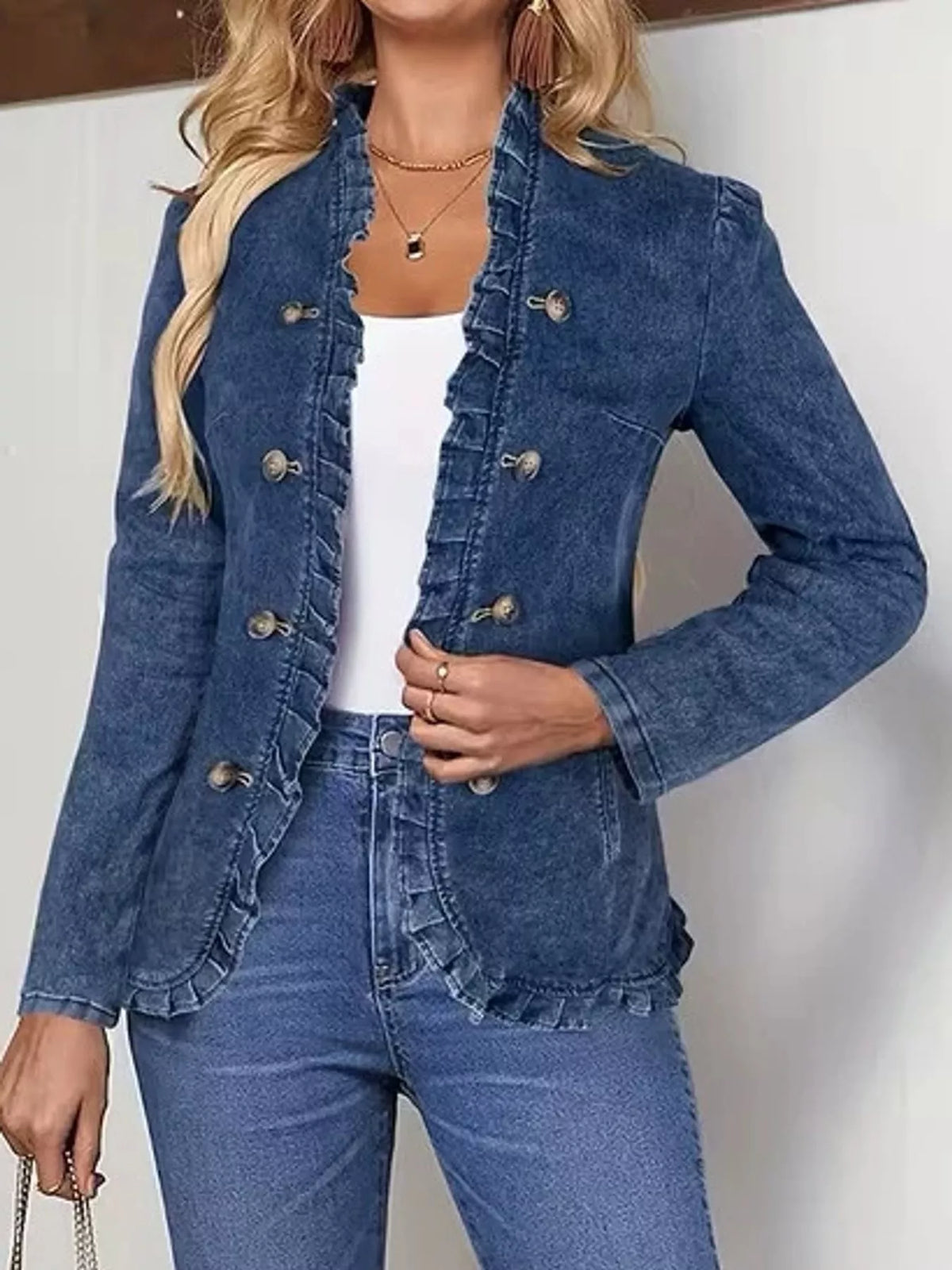 Blue ruffle trim long sleeve denim jacket