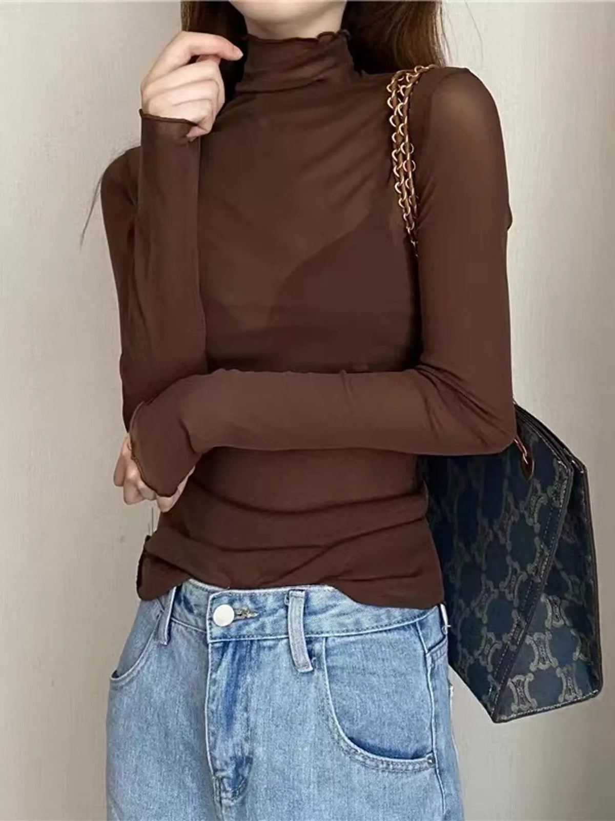 Brown sheer turtleneck mesh t-shirt