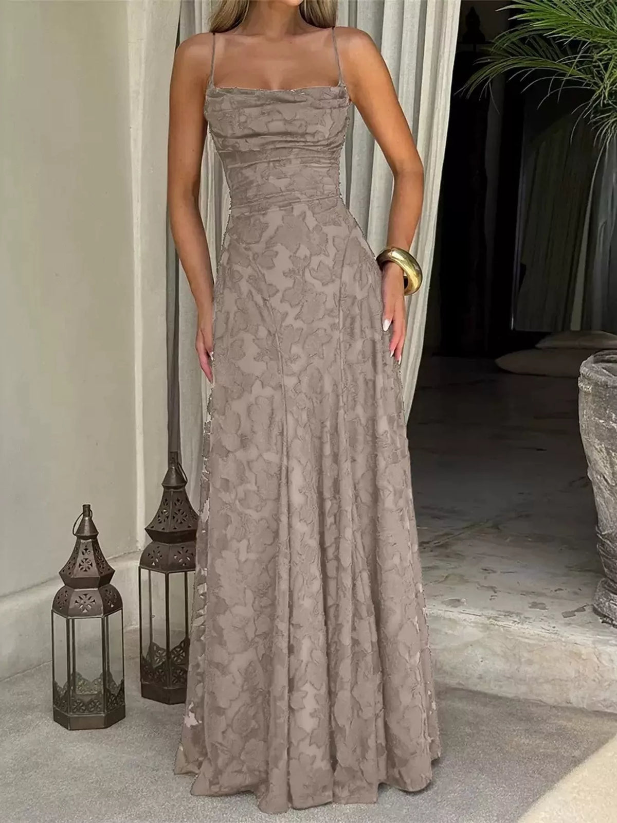 Taupe backless lace maxi dress, front view