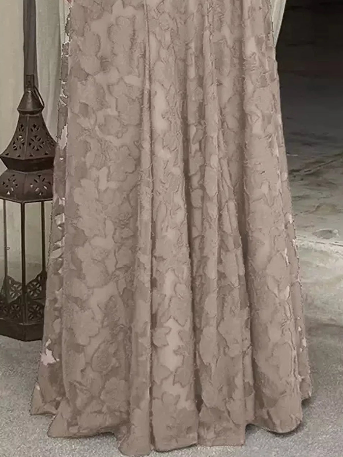 Taupe backless lace maxi dress, detail view