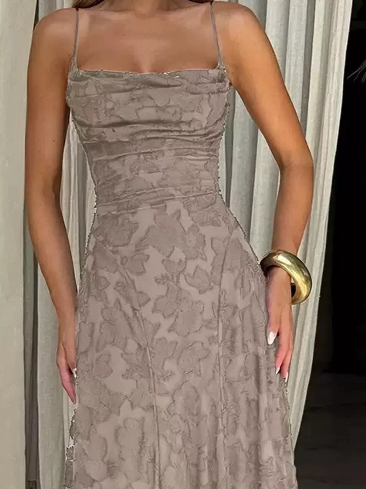 Taupe backless lace maxi dress, side view