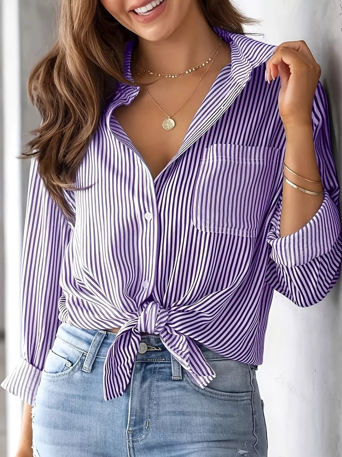 Striped long shirt, purple knotted front