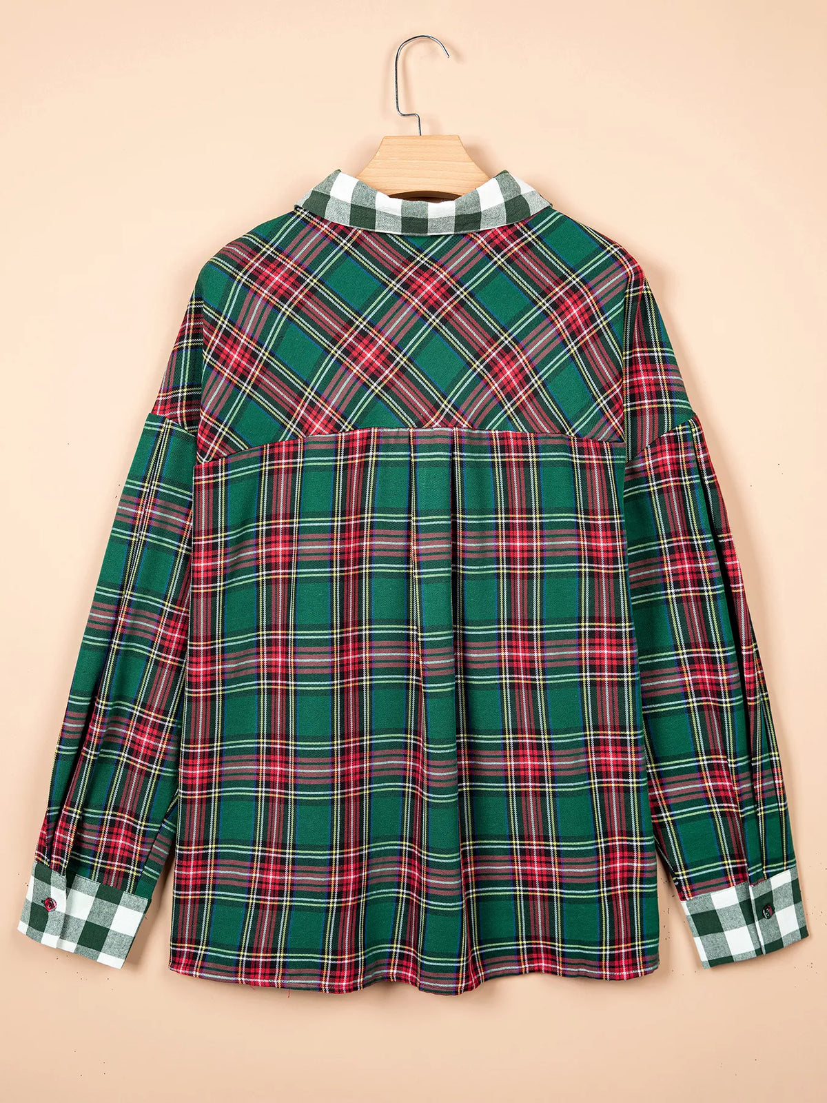 Plaid button-front shirt, plaid hanging back