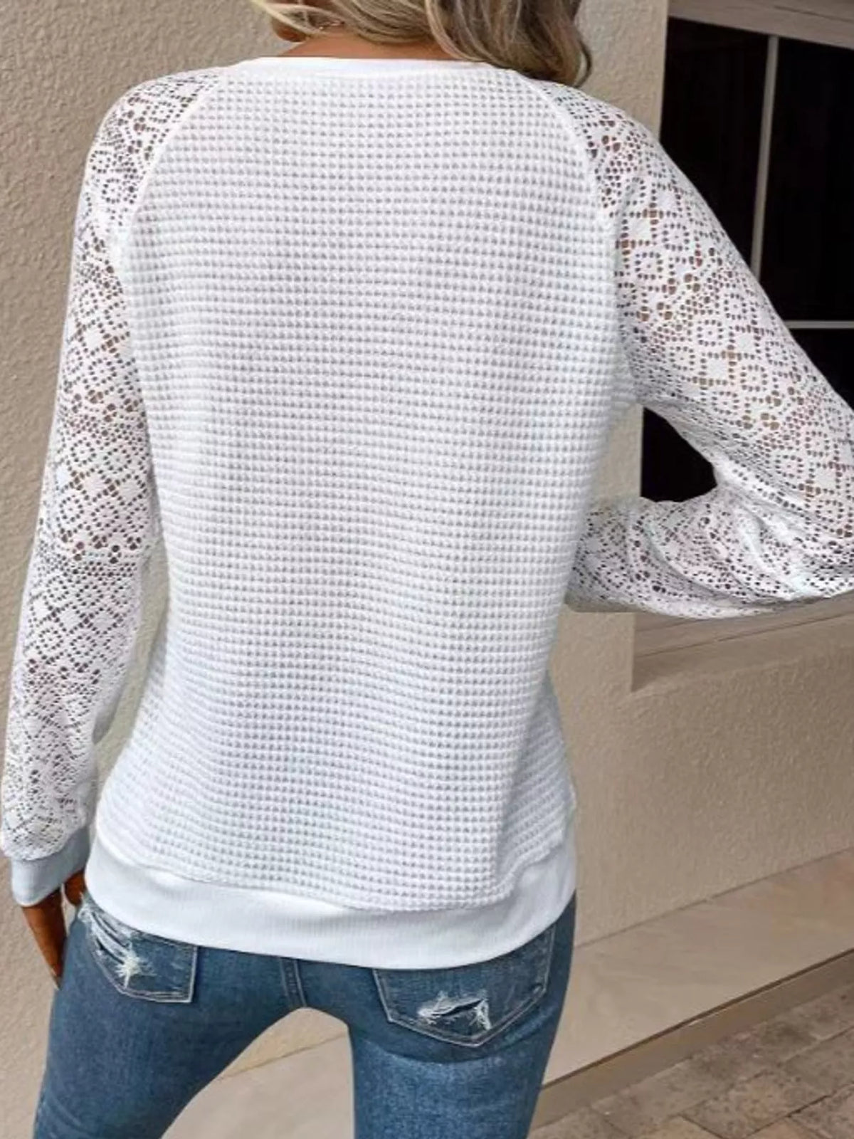 Waffle-knit lace-sleeve top, white back