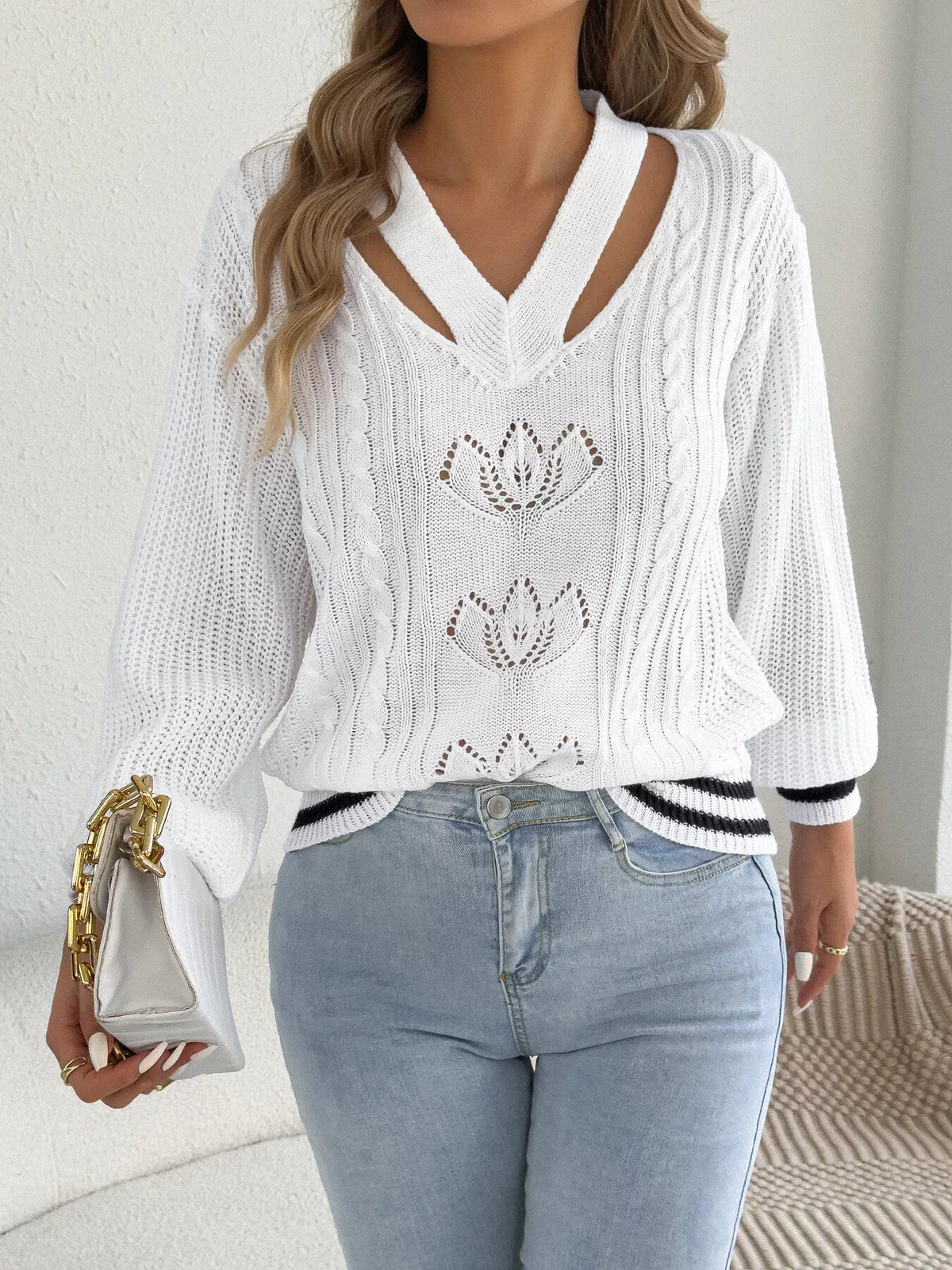 Cutout Cable Knit Sweater in white, front view