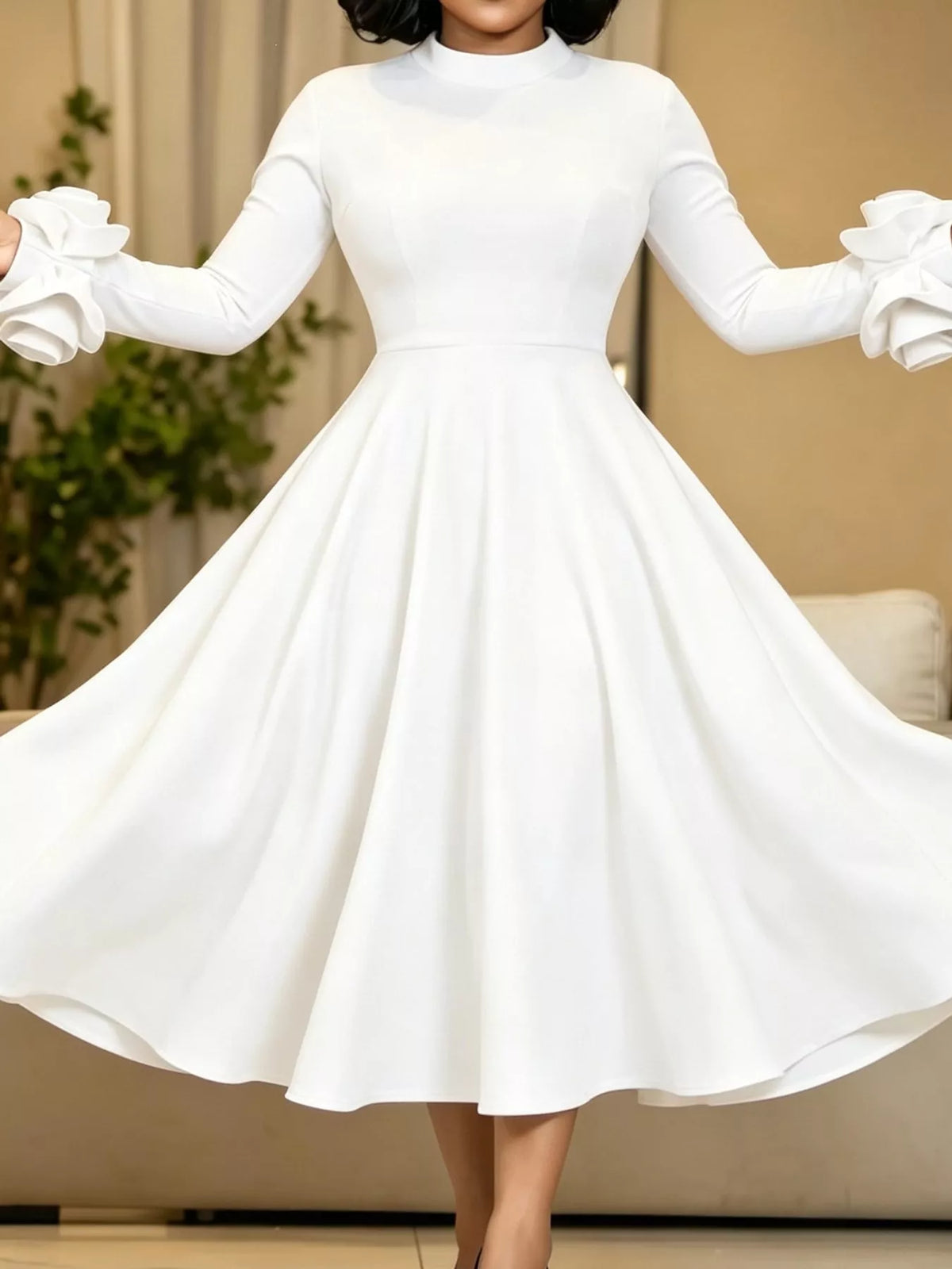 Mock neck long sleeve midi dress, front view on model