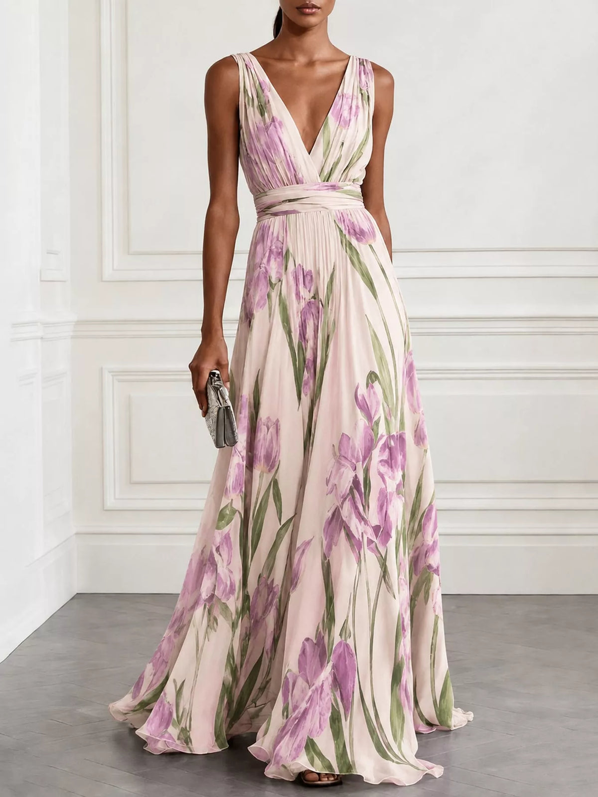 Women's Sleeveless Floral Print Maxi Dress in beige floral — front view