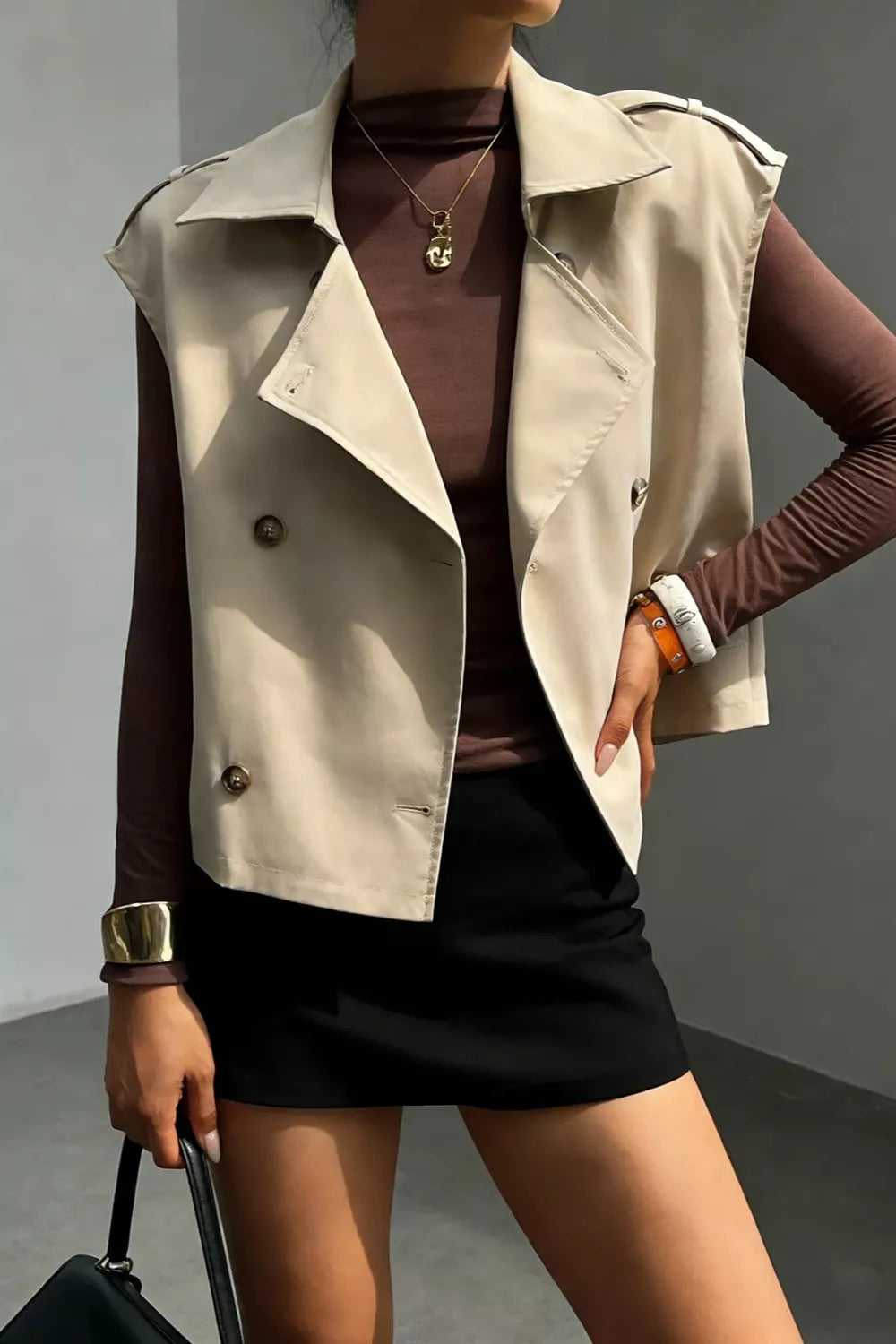 Trendsi Double-Breasted Cropped Trench Vest Coat -