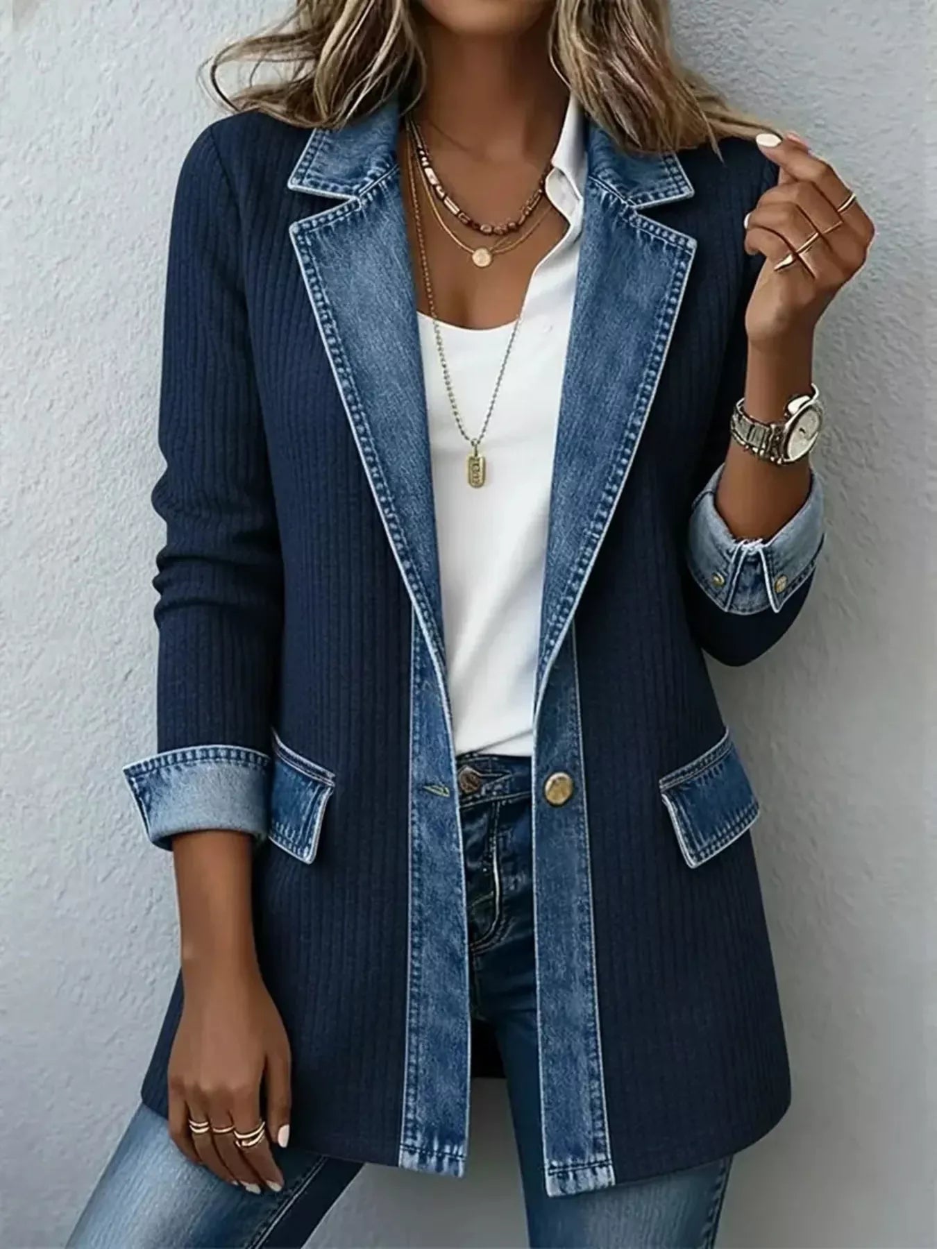Trendsi Full Size Denim Trim Ribbed Knit Jacket Plus Size -